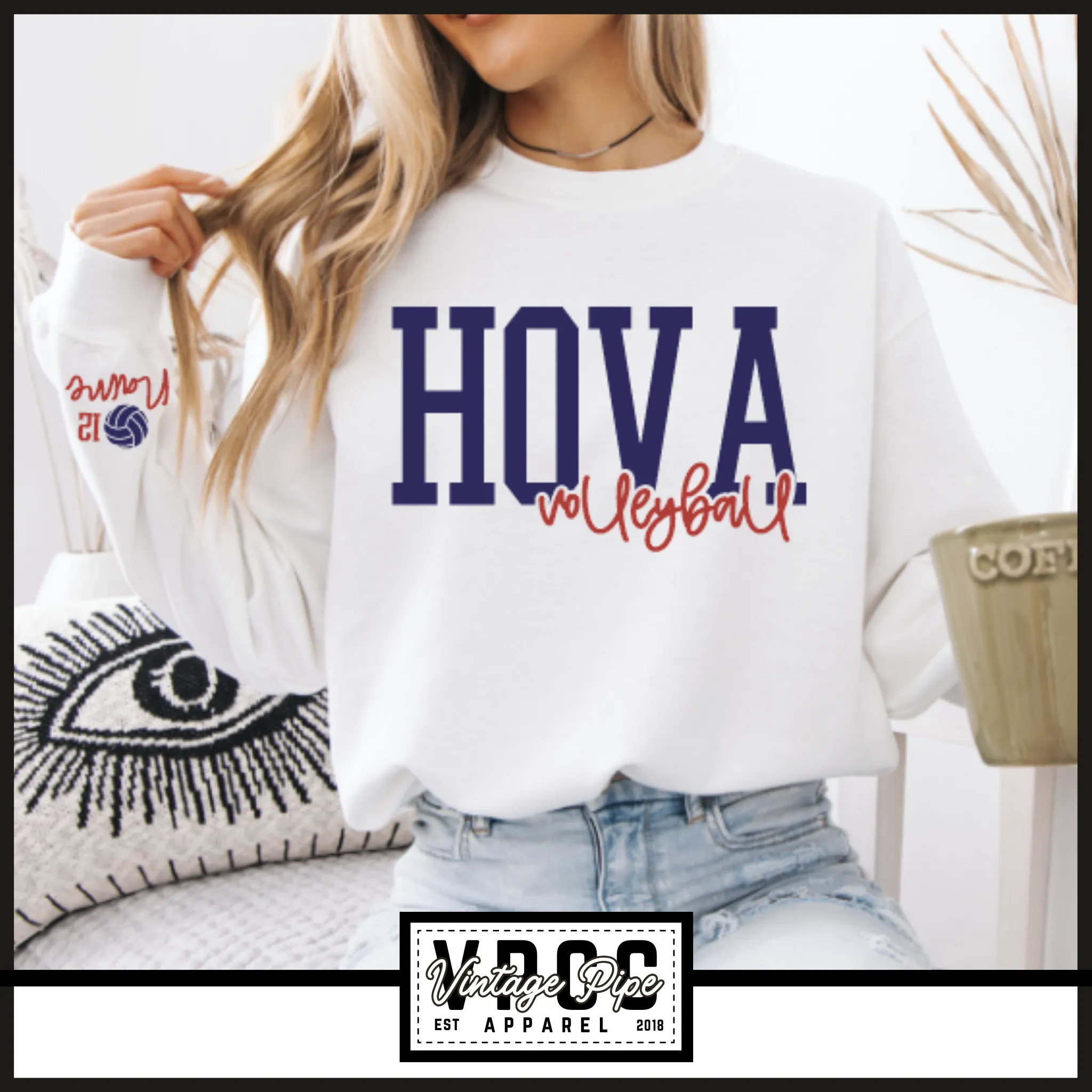 18000- HOVA Volleyball Layered Puff Crew Sweatshirt- White