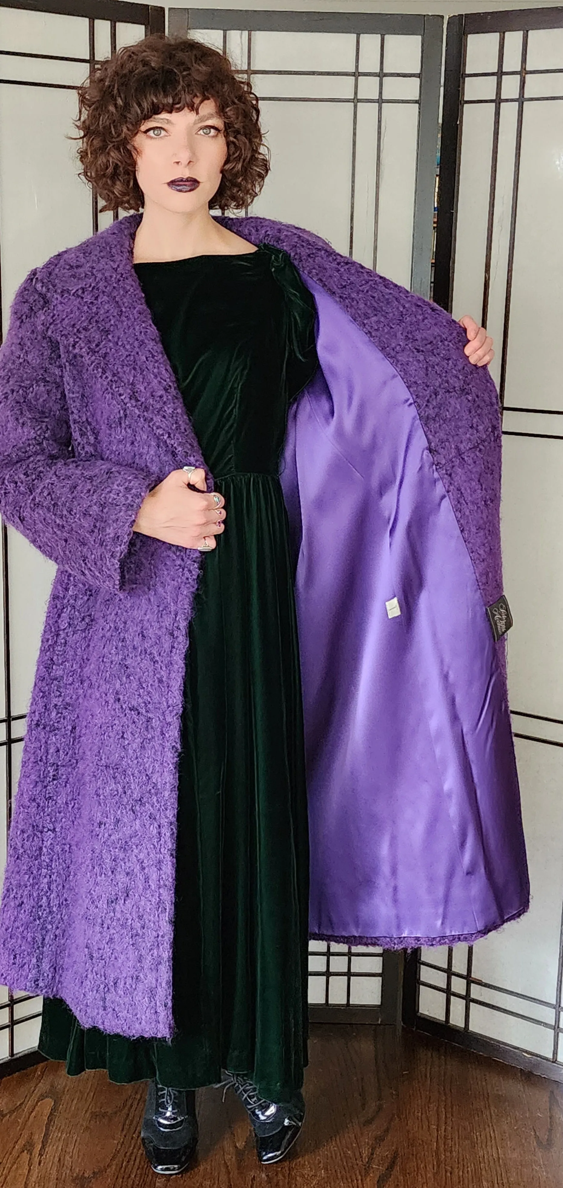 80 Purple Coat by Pauline Trigere Fuzzy Felt Texture - Large