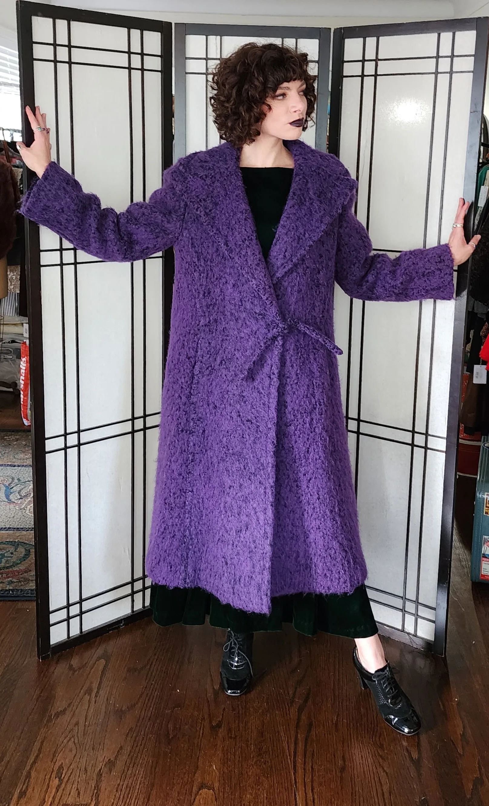 80 Purple Coat by Pauline Trigere Fuzzy Felt Texture - Large