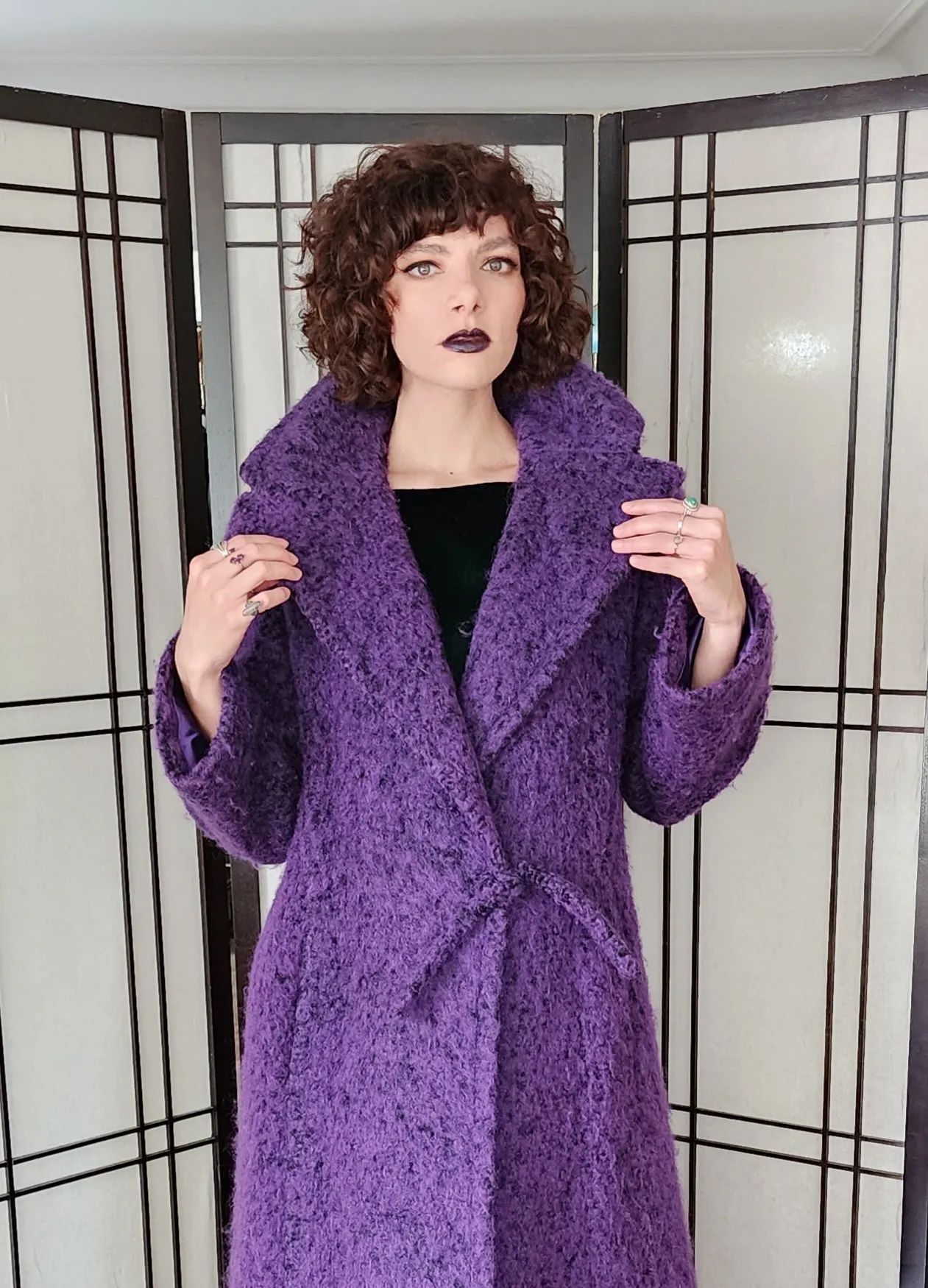 80 Purple Coat by Pauline Trigere Fuzzy Felt Texture - Large
