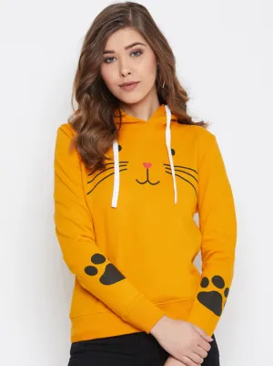 Ace Women Mustard Yellow Meow Printed Hoodie