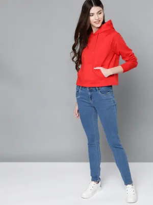 Ace Women Red Solid Hooded Sweatshirt