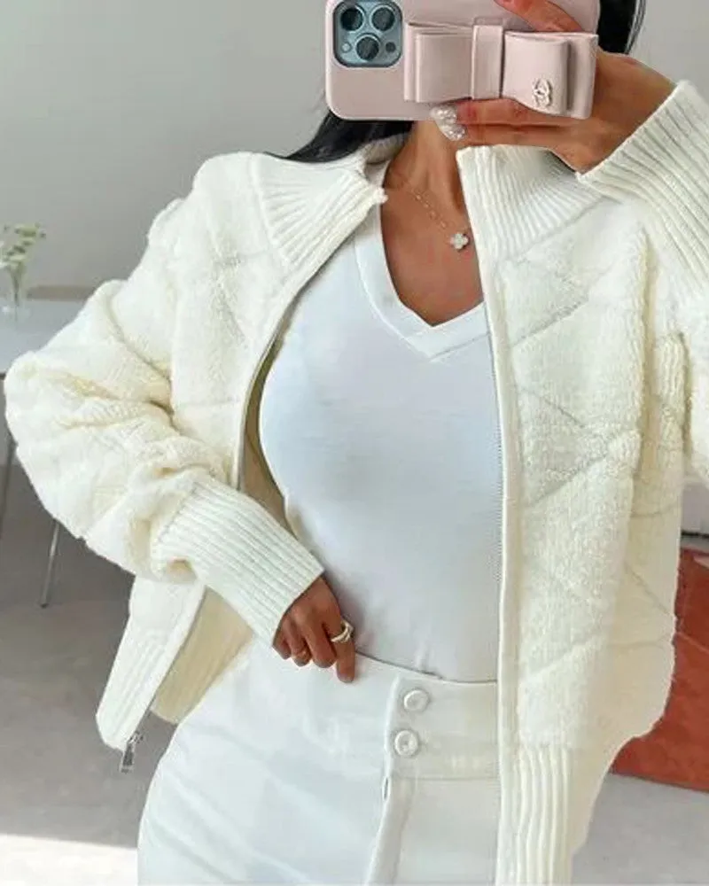 Argyle Pattern Zipper Design Stand Collar Fuzzy Jacket