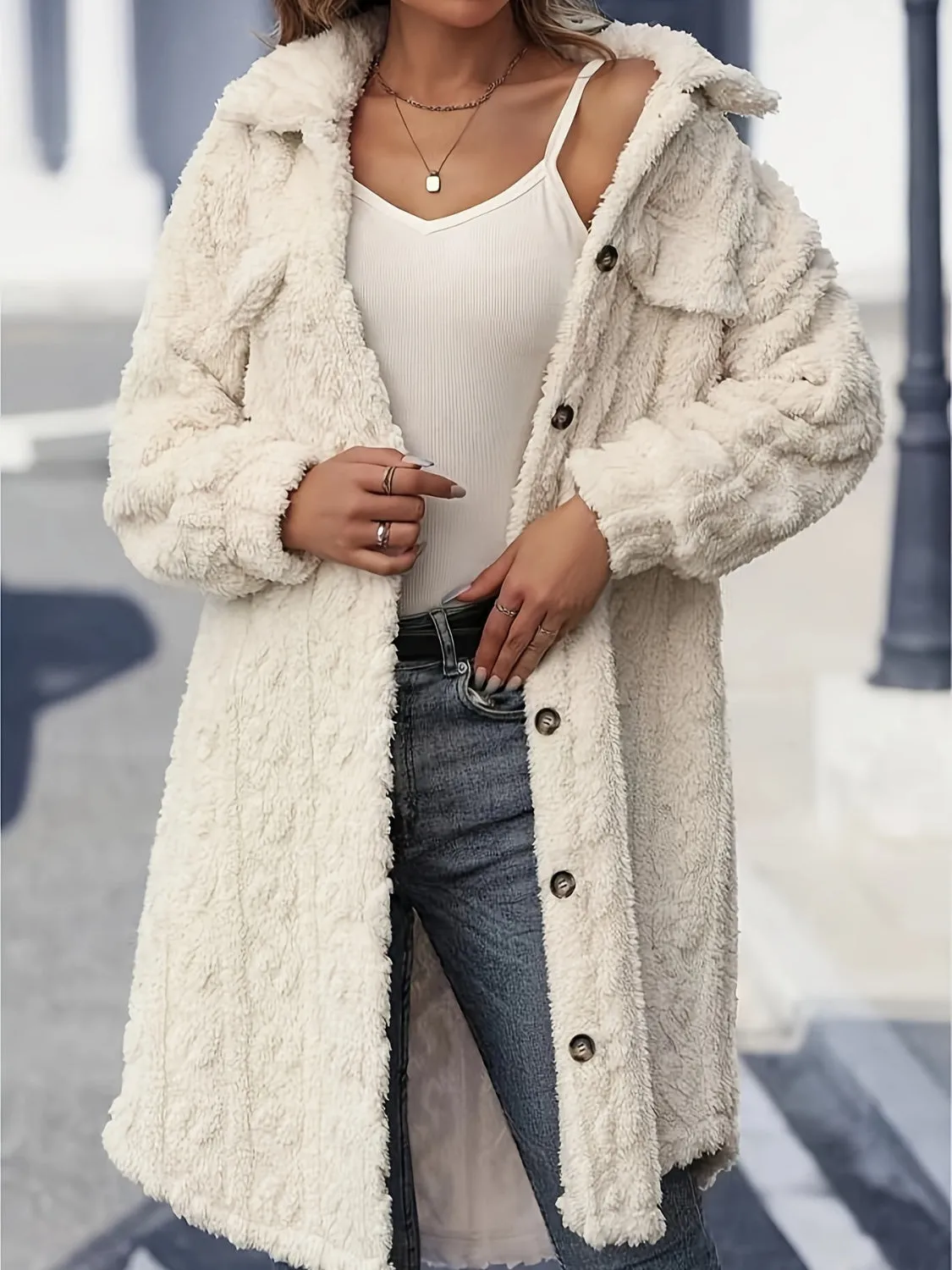 Aurora Fuzzy Button Up Long Sleeve Longline Coat