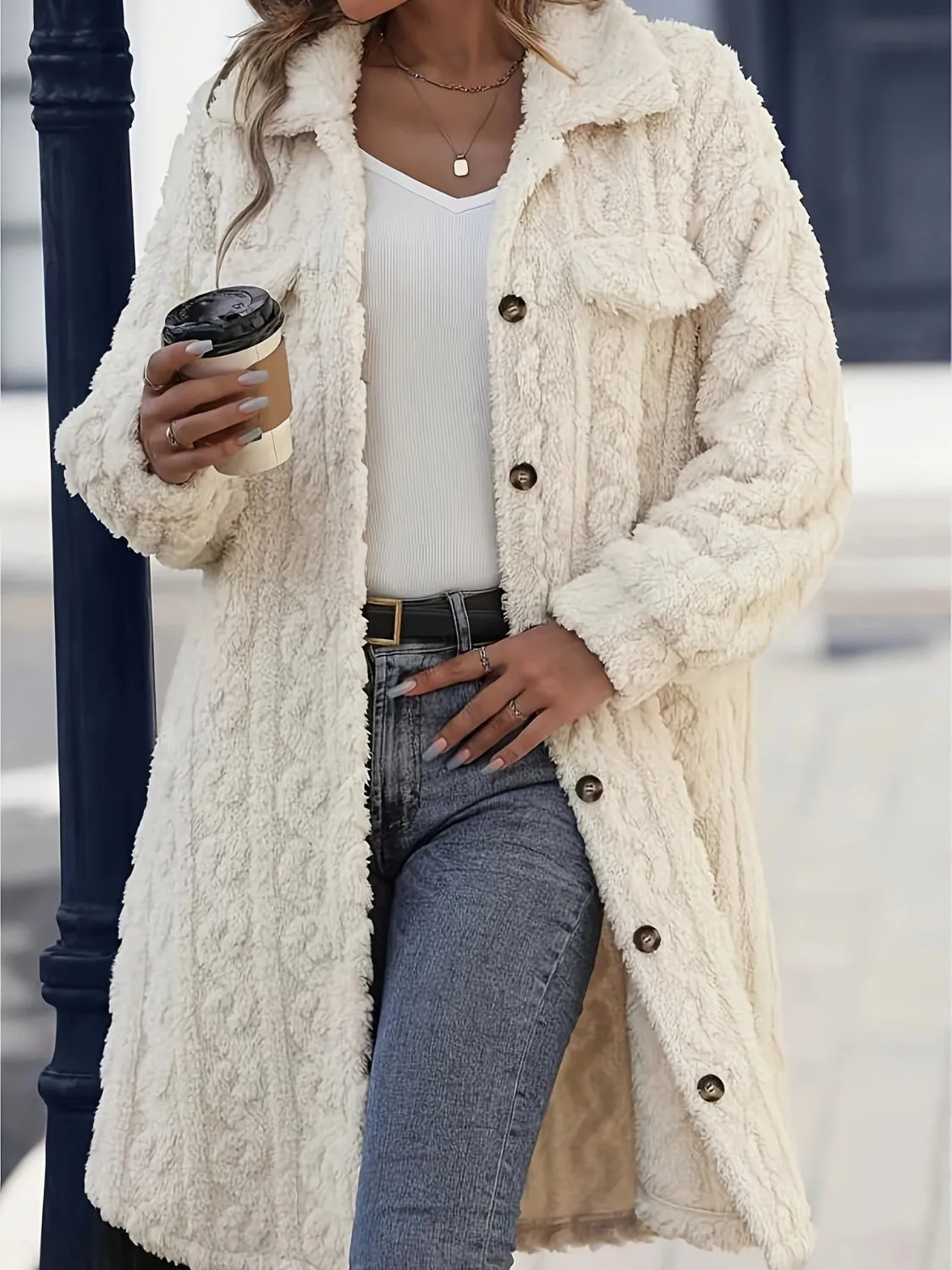 Aurora Fuzzy Button Up Long Sleeve Longline Coat