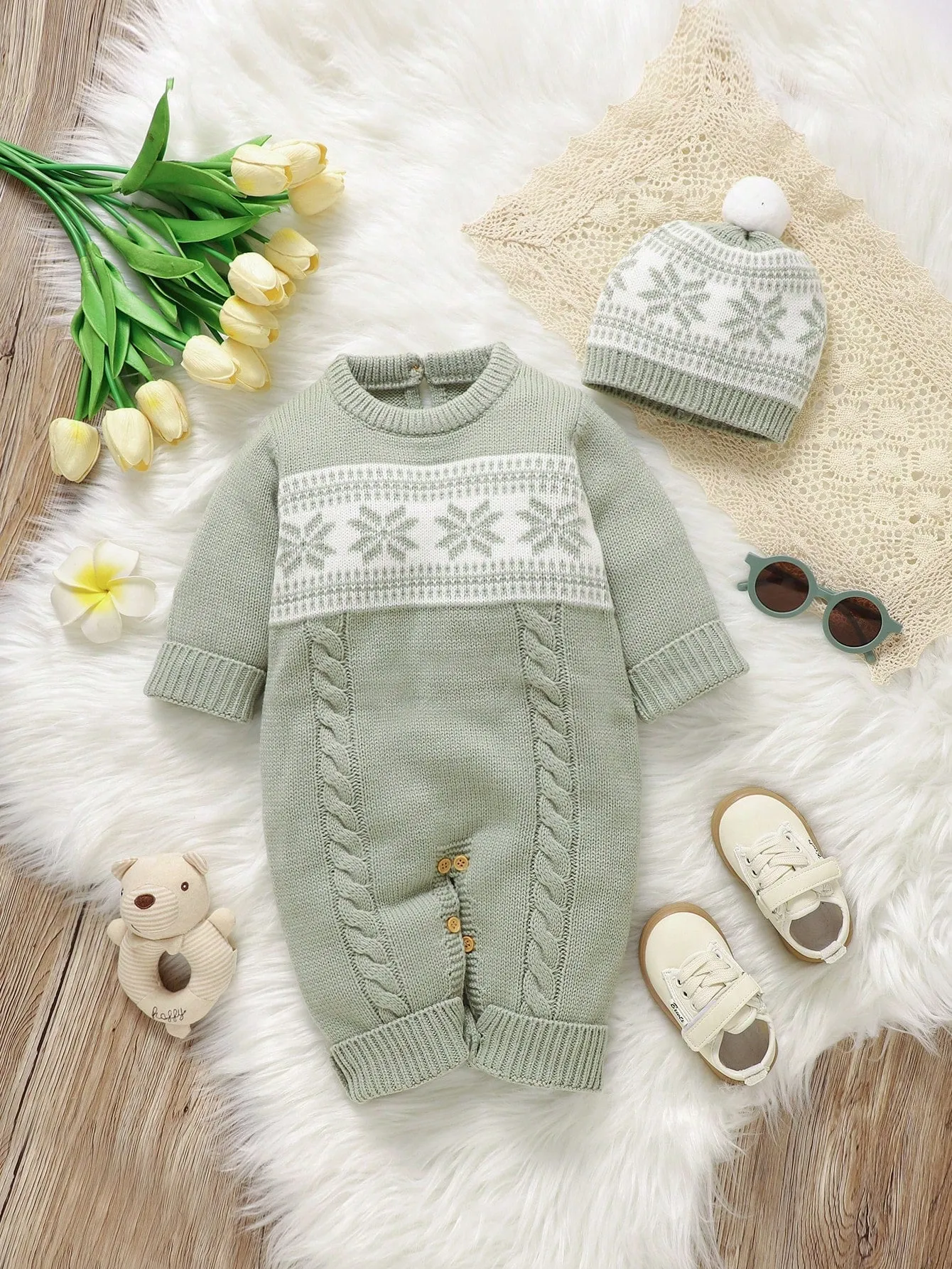 Baby Boy 2pcs Vintage Style Set: Gray Knitted Romper & Beanie Hat , Featuring Classic Cable Knit Design, Casual Yet Comfortable, Elegant And Practical, Creating A Trendy Look-FD