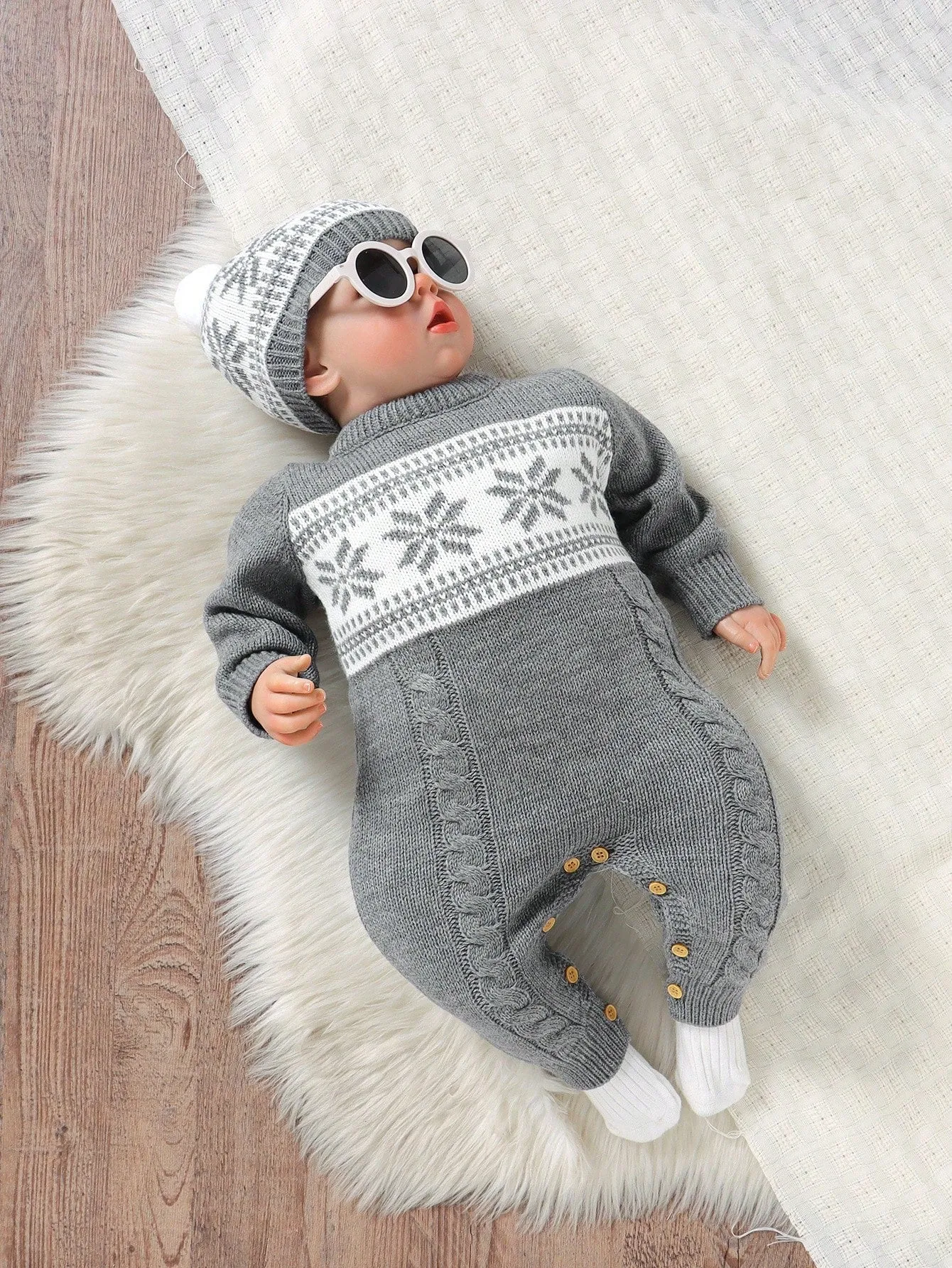 Baby Boy 2pcs Vintage Style Set: Gray Knitted Romper & Beanie Hat , Featuring Classic Cable Knit Design, Casual Yet Comfortable, Elegant And Practical, Creating A Trendy Look-FD