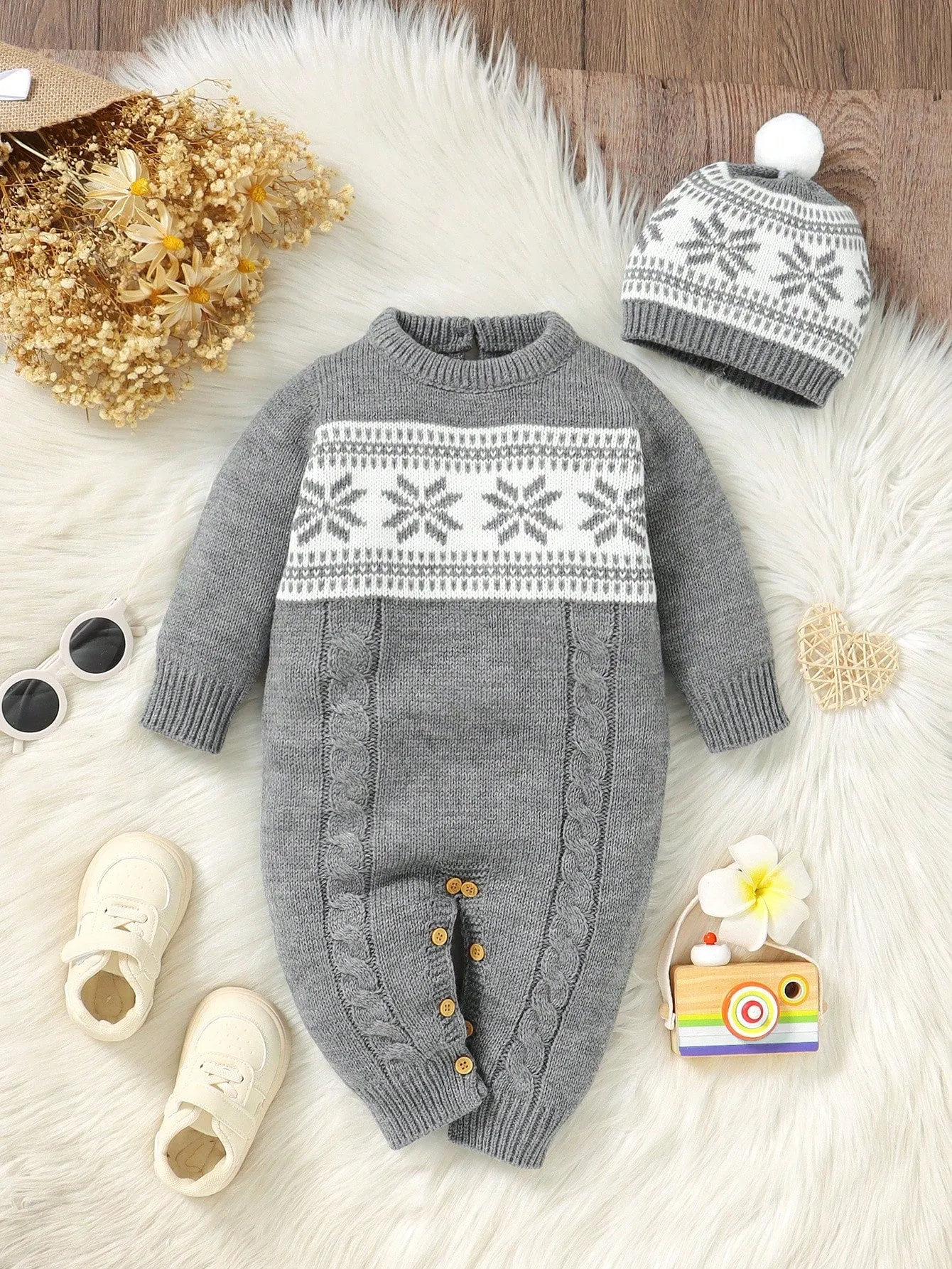 Baby Boy 2pcs Vintage Style Set: Gray Knitted Romper & Beanie Hat , Featuring Classic Cable Knit Design, Casual Yet Comfortable, Elegant And Practical, Creating A Trendy Look-FD