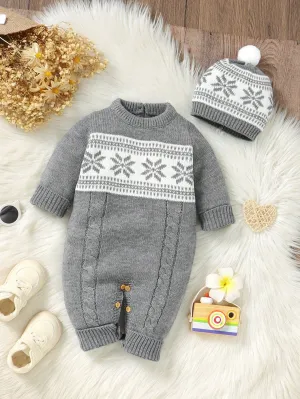 Baby Boy 2pcs Vintage Style Set: Gray Knitted Romper & Beanie Hat , Featuring Classic Cable Knit Design, Casual Yet Comfortable, Elegant And Practical, Creating A Trendy Look-FD