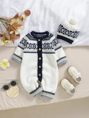 Baby Boy 2pcs/Set Retro Fair Isle Style Romper With Long Sleeve Crew Neck Sweater Romper And Cute Hat, Simple Yet Fashionable, Cozy & Comfortable Casual Outfit-FD