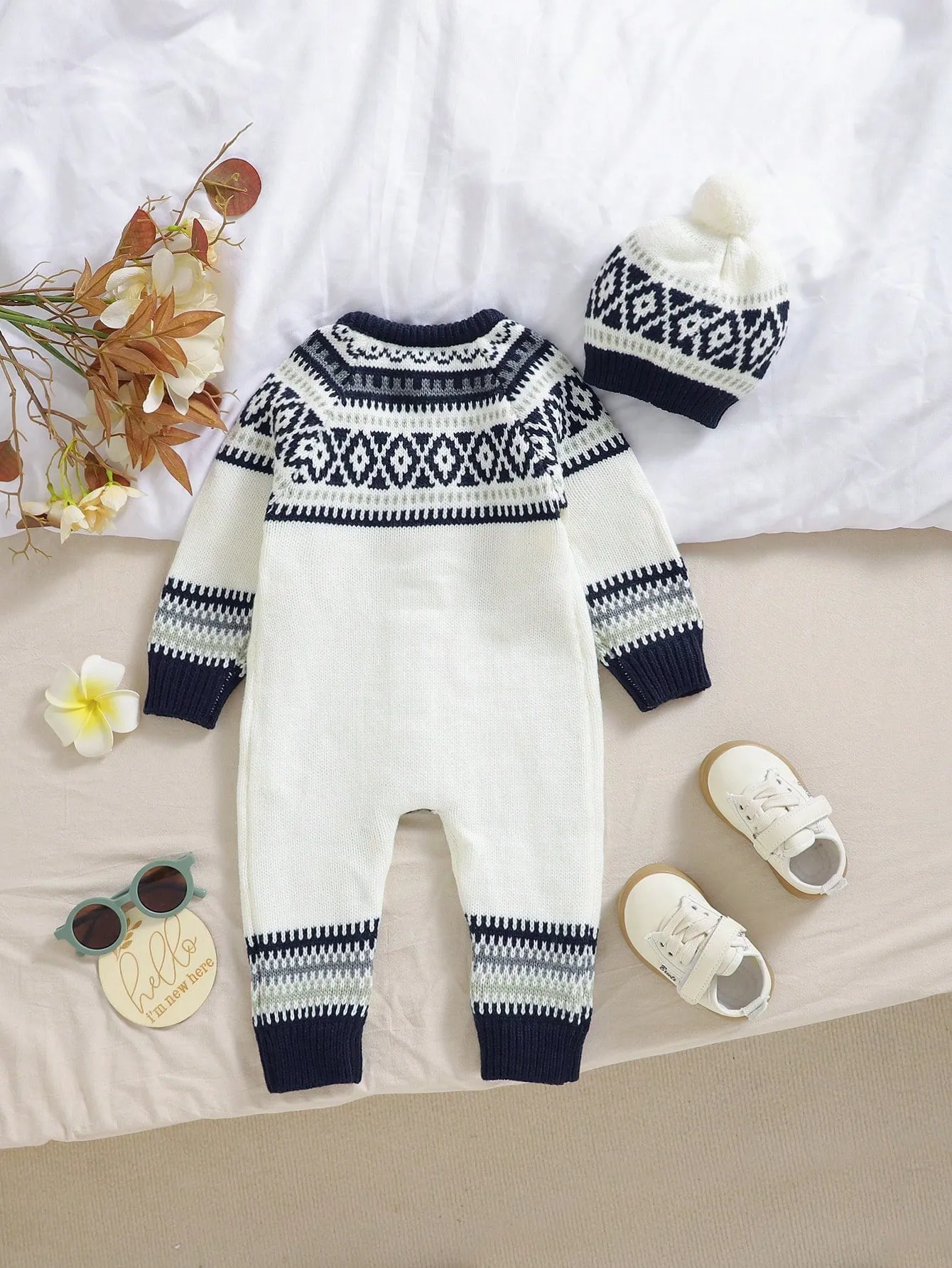 Baby Boy 2pcs/Set Retro Fair Isle Style Romper With Long Sleeve Crew Neck Sweater Romper And Cute Hat, Simple Yet Fashionable, Cozy & Comfortable Casual Outfit-FD