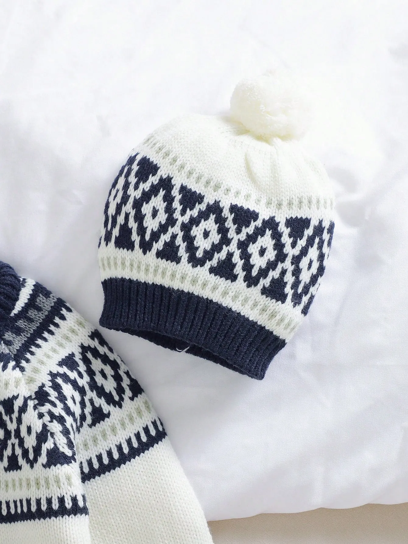 Baby Boy 2pcs/Set Retro Fair Isle Style Romper With Long Sleeve Crew Neck Sweater Romper And Cute Hat, Simple Yet Fashionable, Cozy & Comfortable Casual Outfit-FD