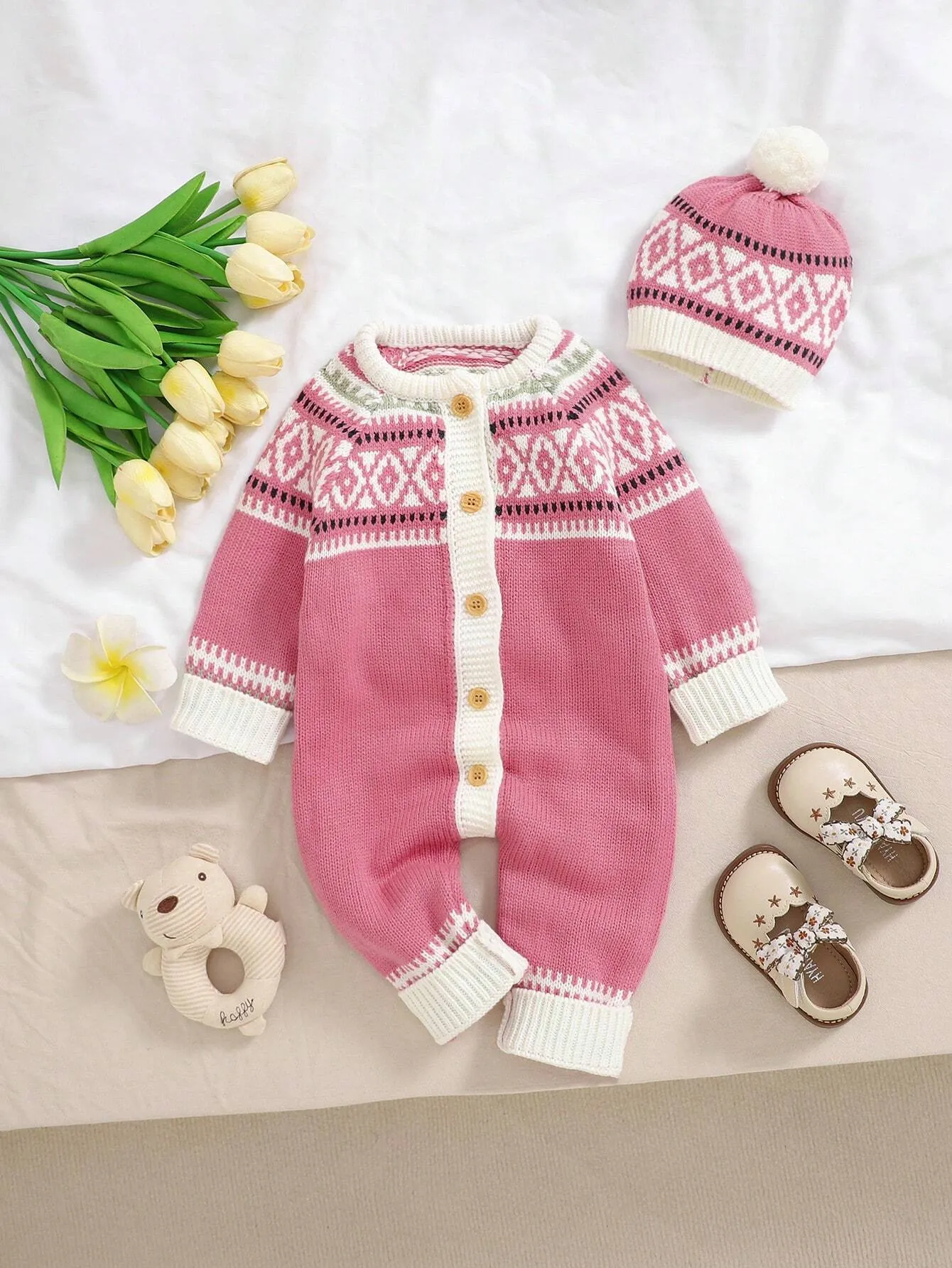 Baby Boy 2pcs/Set Retro Fair Isle Style Romper With Long Sleeve Crew Neck Sweater Romper And Cute Hat, Simple Yet Fashionable, Cozy & Comfortable Casual Outfit-FD