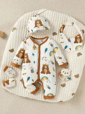Baby Boys' Rainbow Printed Long Sleeve Romper With Hat, Bib, And Socks 4pcs/Set - FD