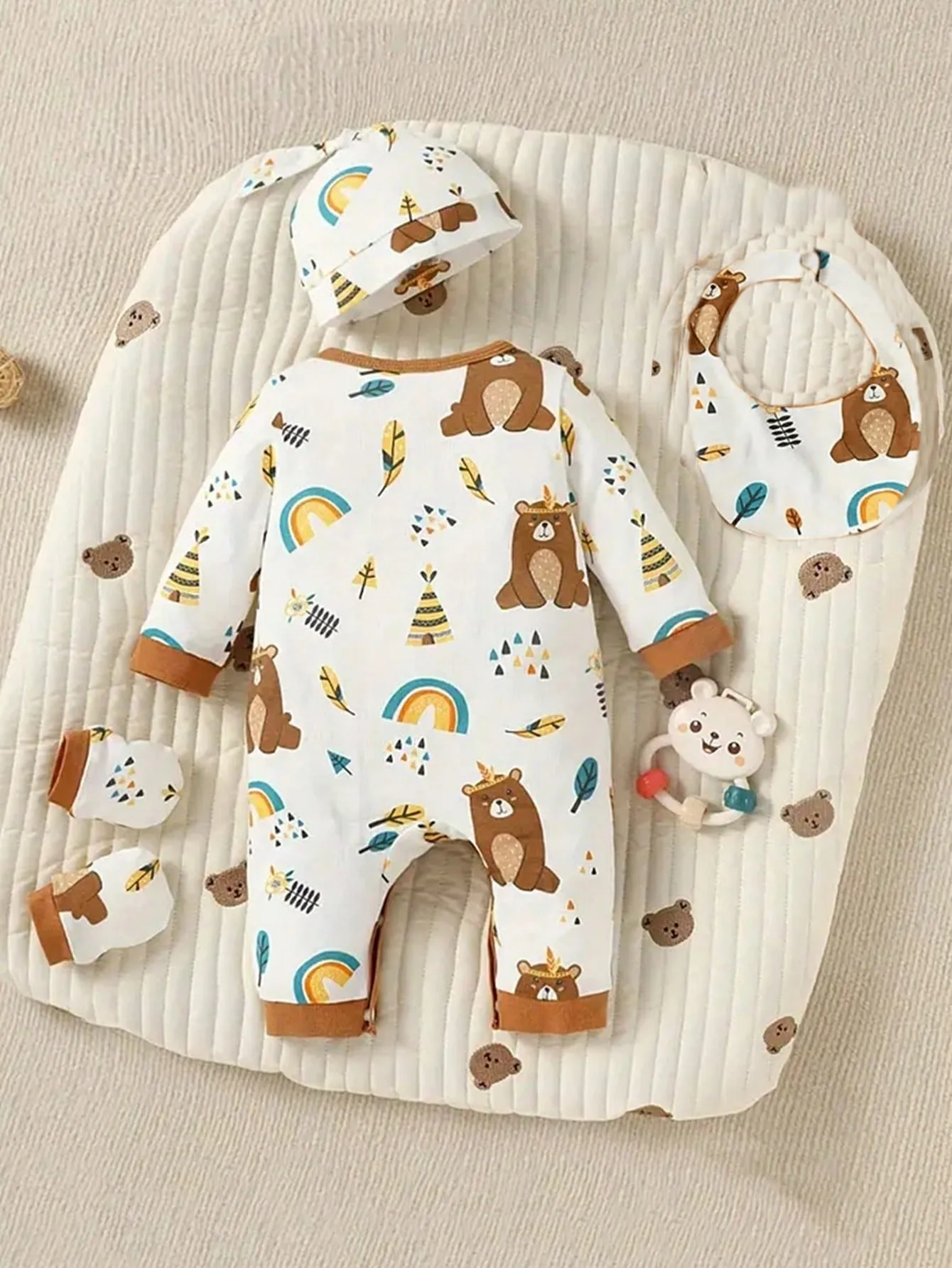 Baby Boys' Rainbow Printed Long Sleeve Romper With Hat, Bib, And Socks 4pcs/Set - FD