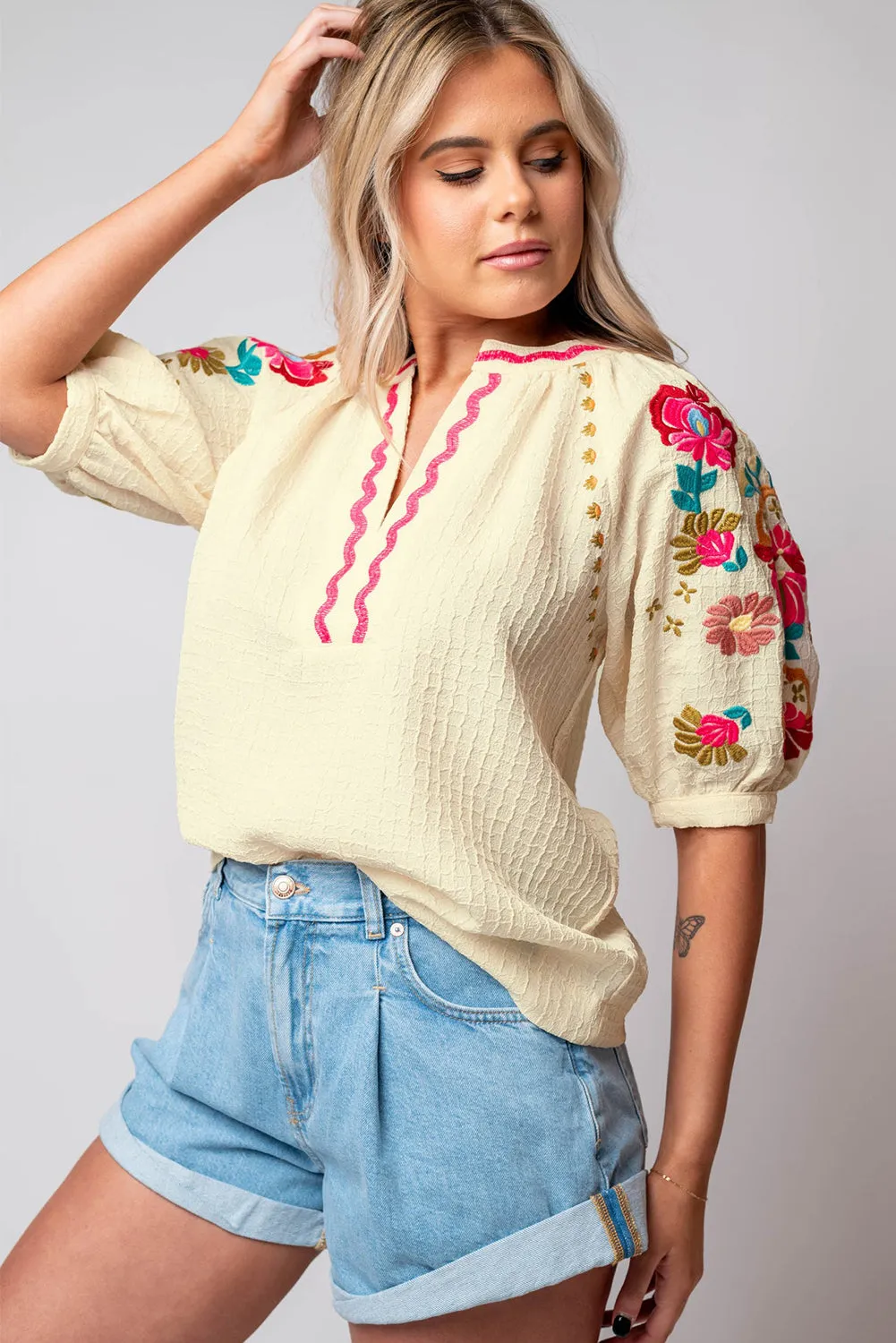 Beige Floral Embroidered Ricrac Puff Sleeve Textured Blouse