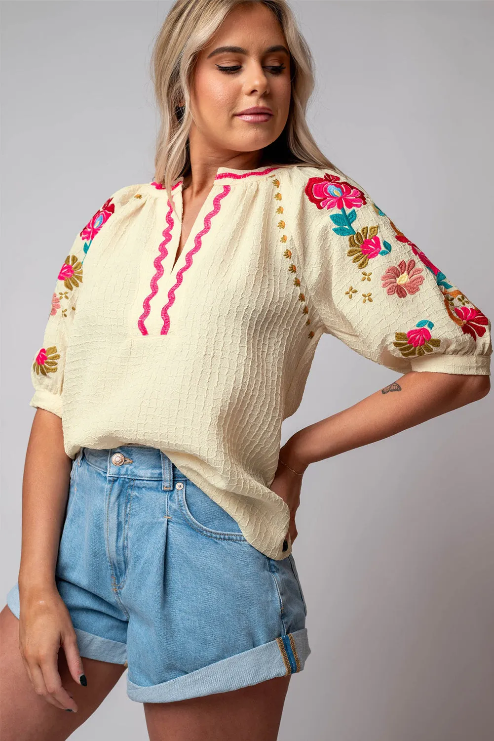 Beige Floral Embroidered Ricrac Puff Sleeve Textured Blouse