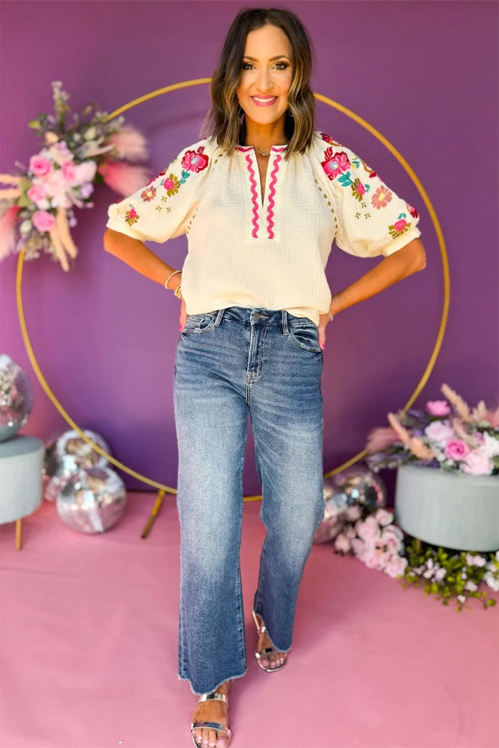 Beige Floral Embroidered Ricrac Puff Sleeve Textured Blouse