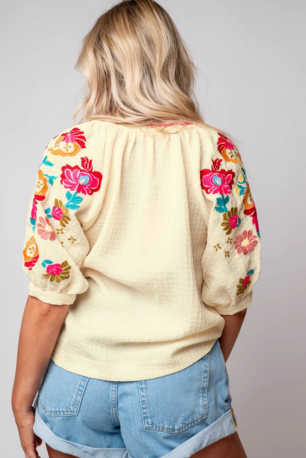 Beige Floral Embroidered Ricrac Puff Sleeve Textured Blouse