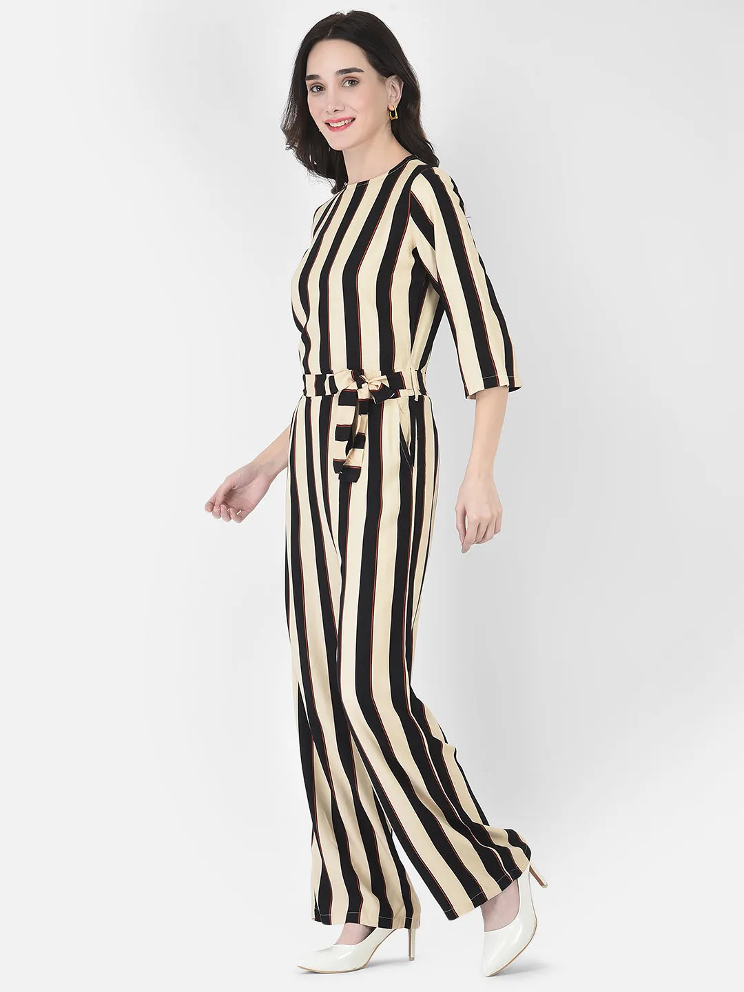 Beige Striped Jumpsuit
