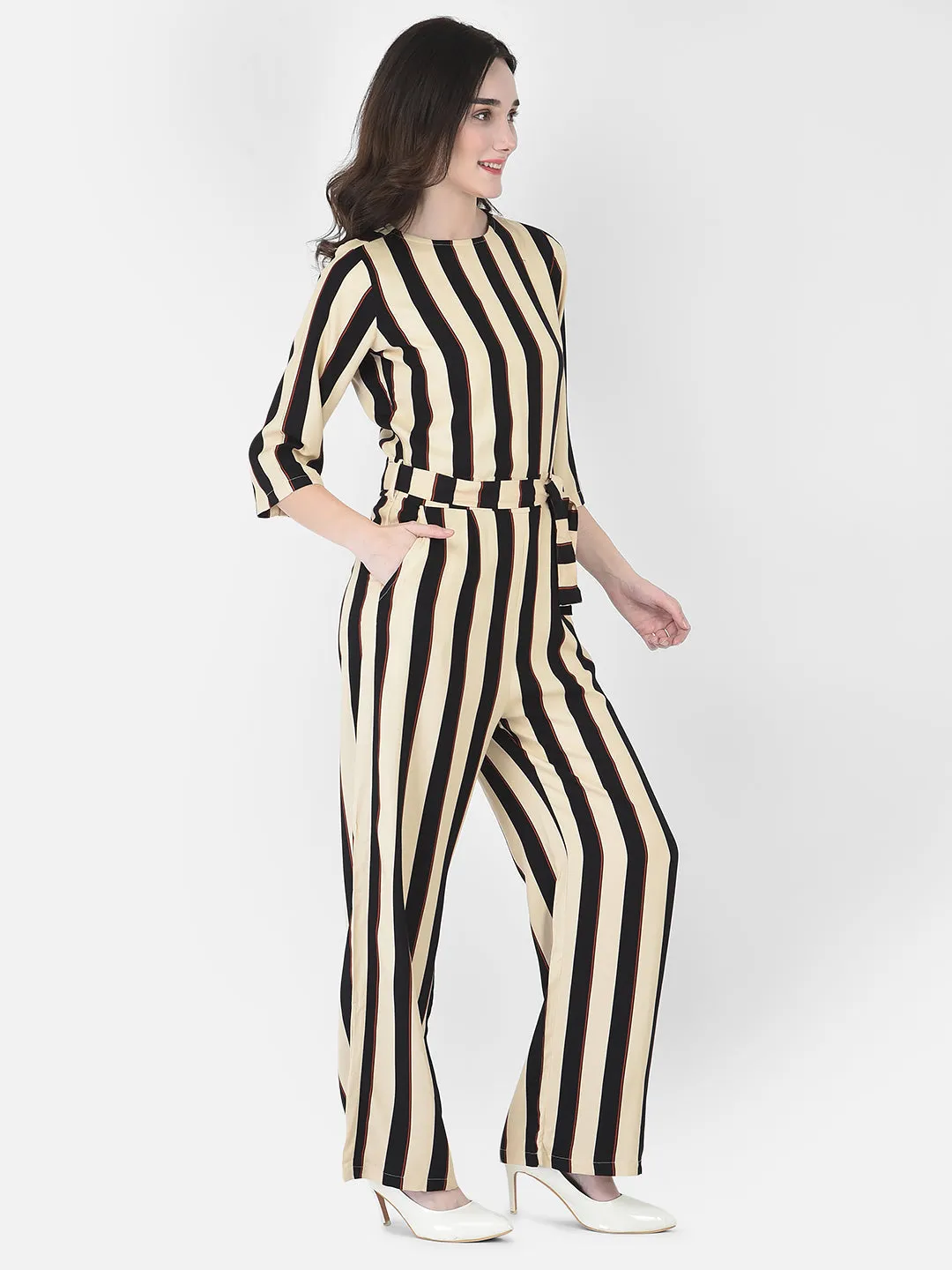 Beige Striped Jumpsuit