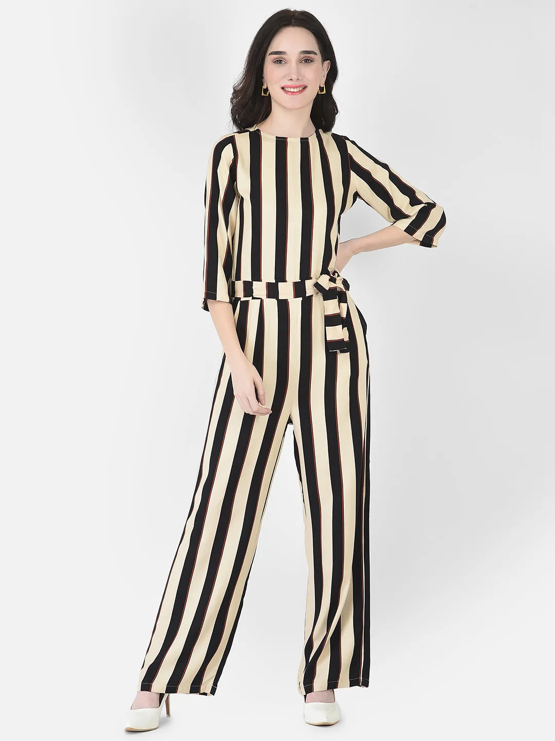 Beige Striped Jumpsuit