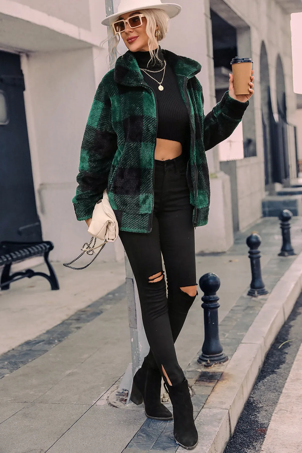 BerryBetty - Green Plaid Zipper Fuzzy Jacket Winter Coat