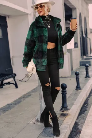 BerryBetty - Green Plaid Zipper Fuzzy Jacket Winter Coat