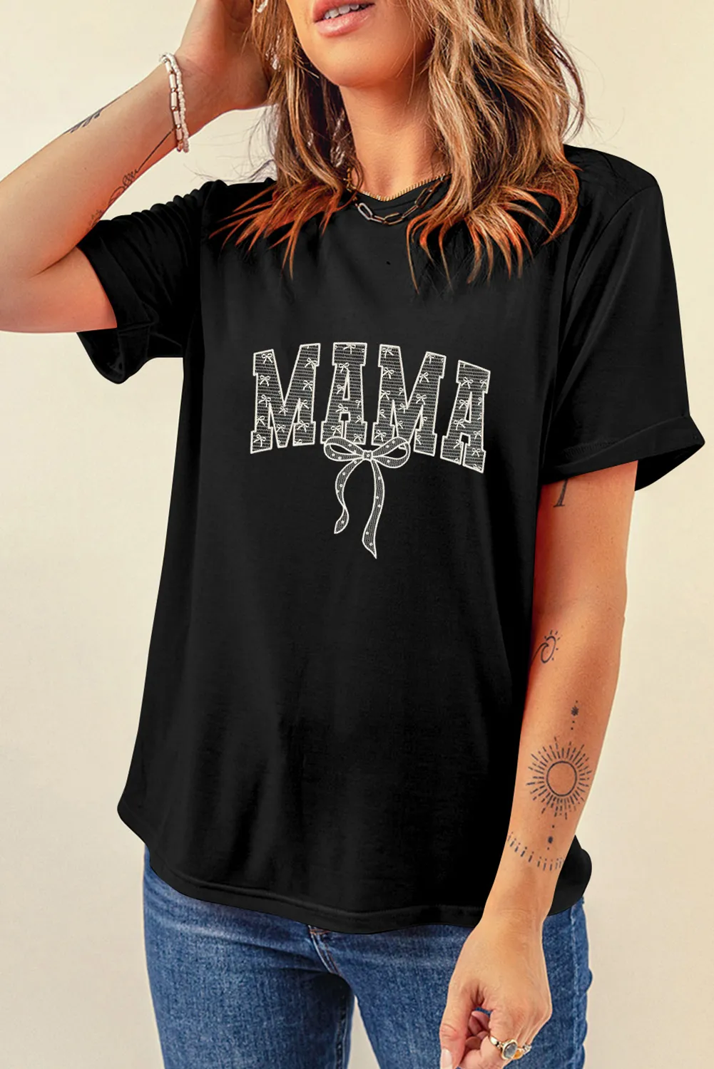 Black Bowknot MAMA Embroidered Crewneck Mothers Day T Shirt