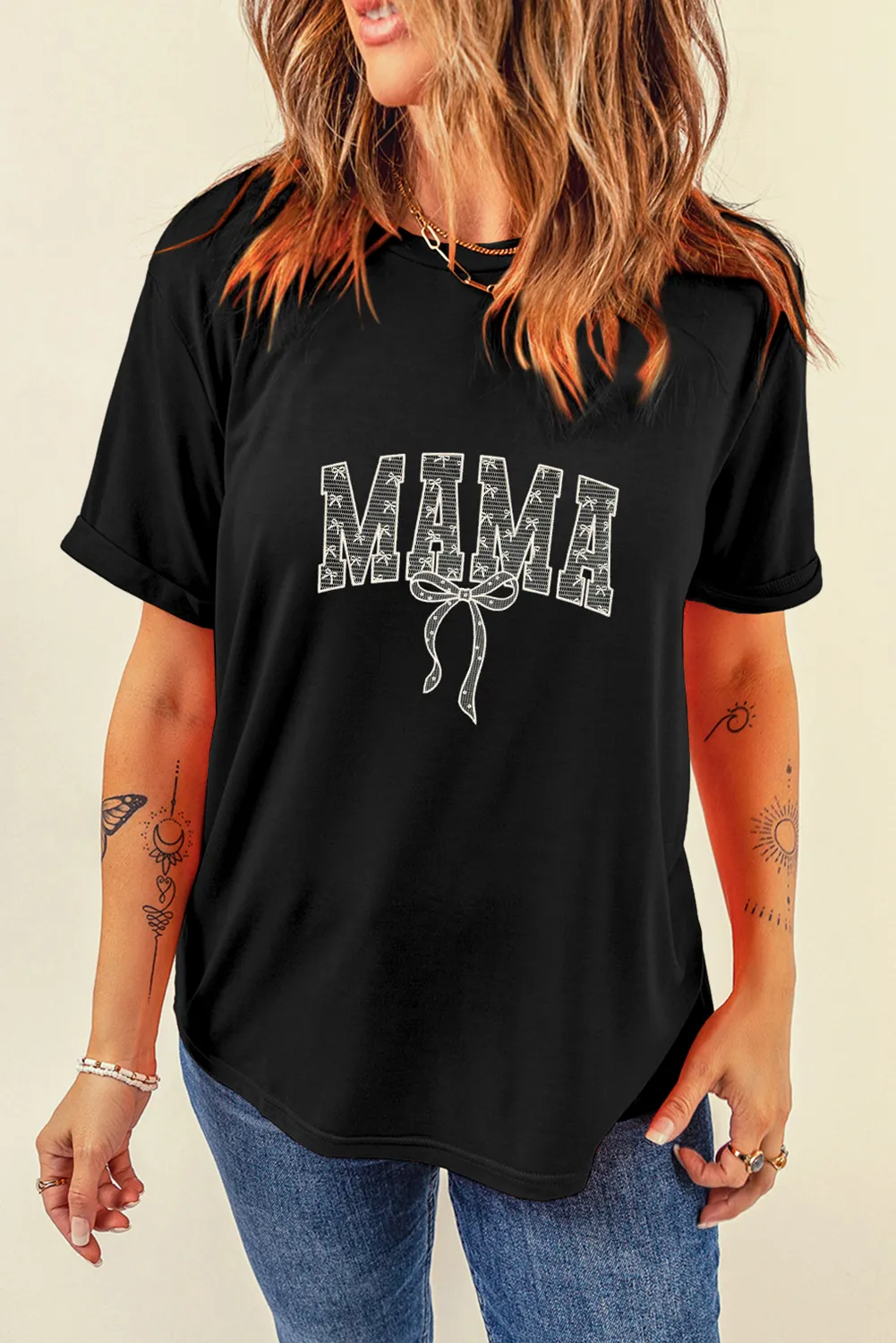 Black Bowknot MAMA Embroidered Crewneck Mothers Day T Shirt