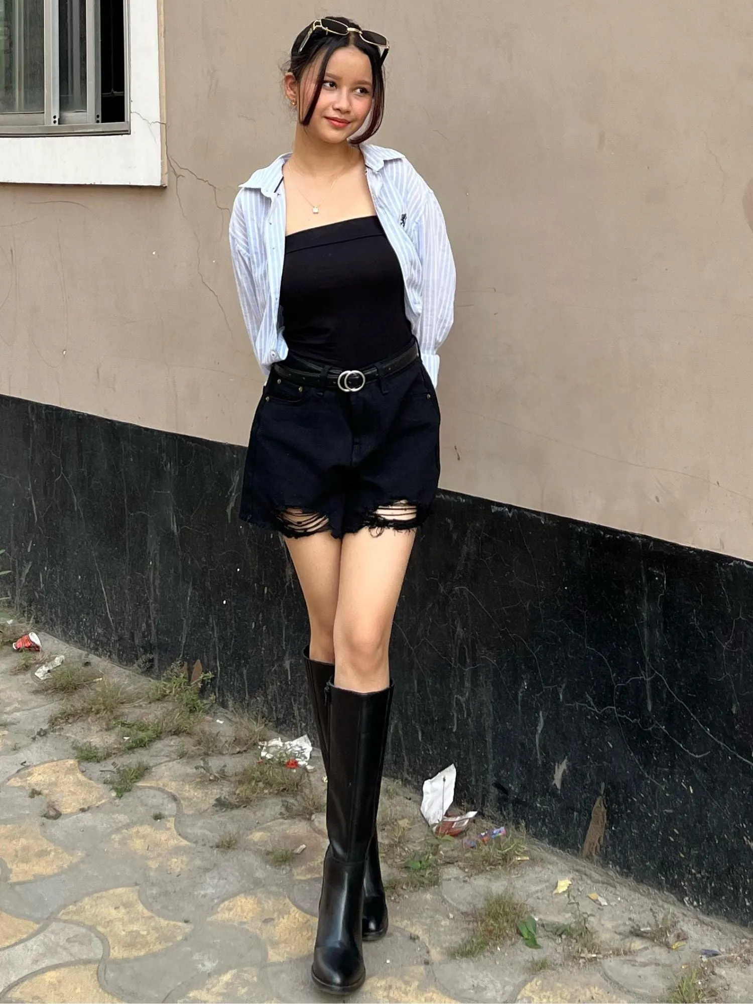 Black Freyed Denim Shorts