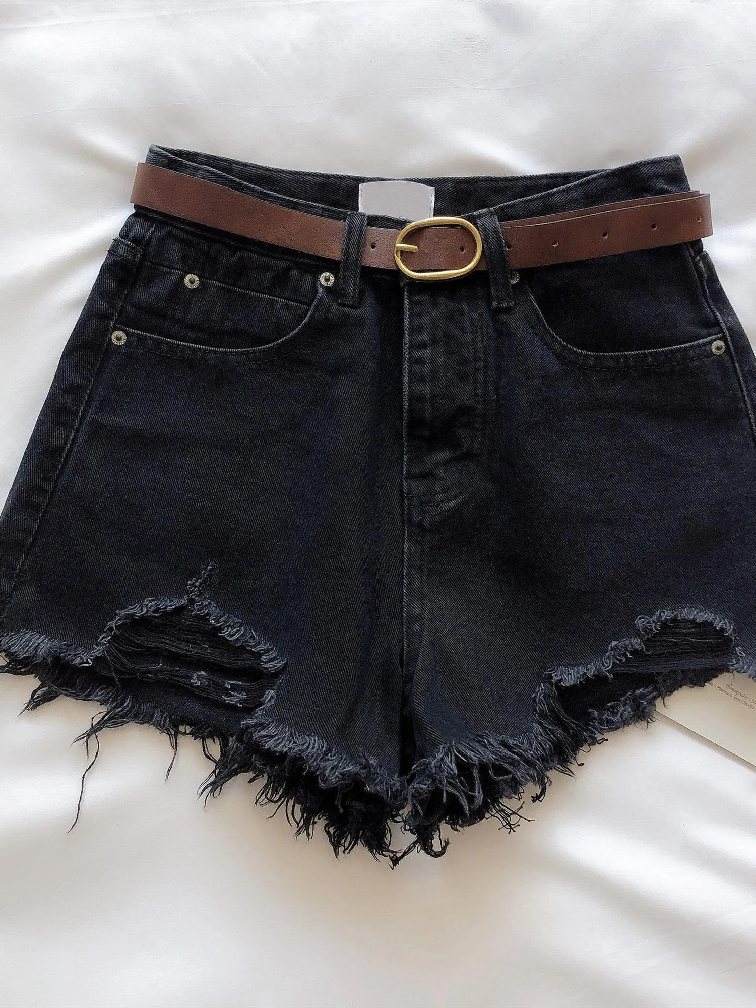 Black Freyed Denim Shorts