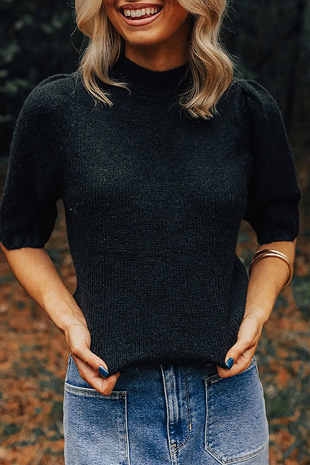 Black Knotted Keyhole Nape Short Sleeve Knit Sweater Top