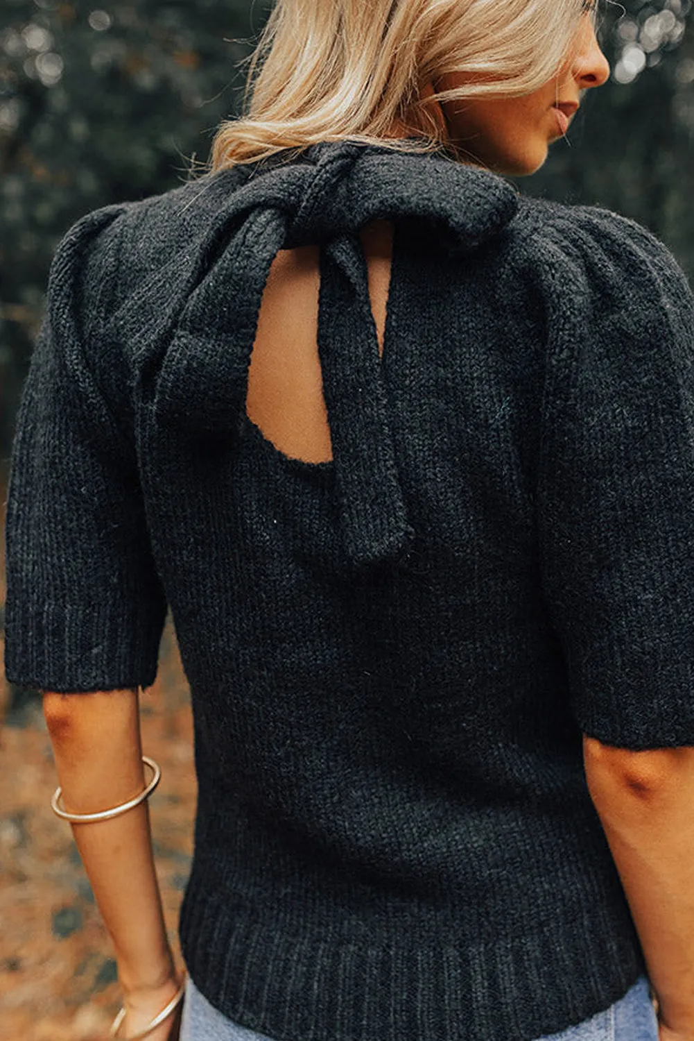 Black Knotted Keyhole Nape Short Sleeve Knit Sweater Top