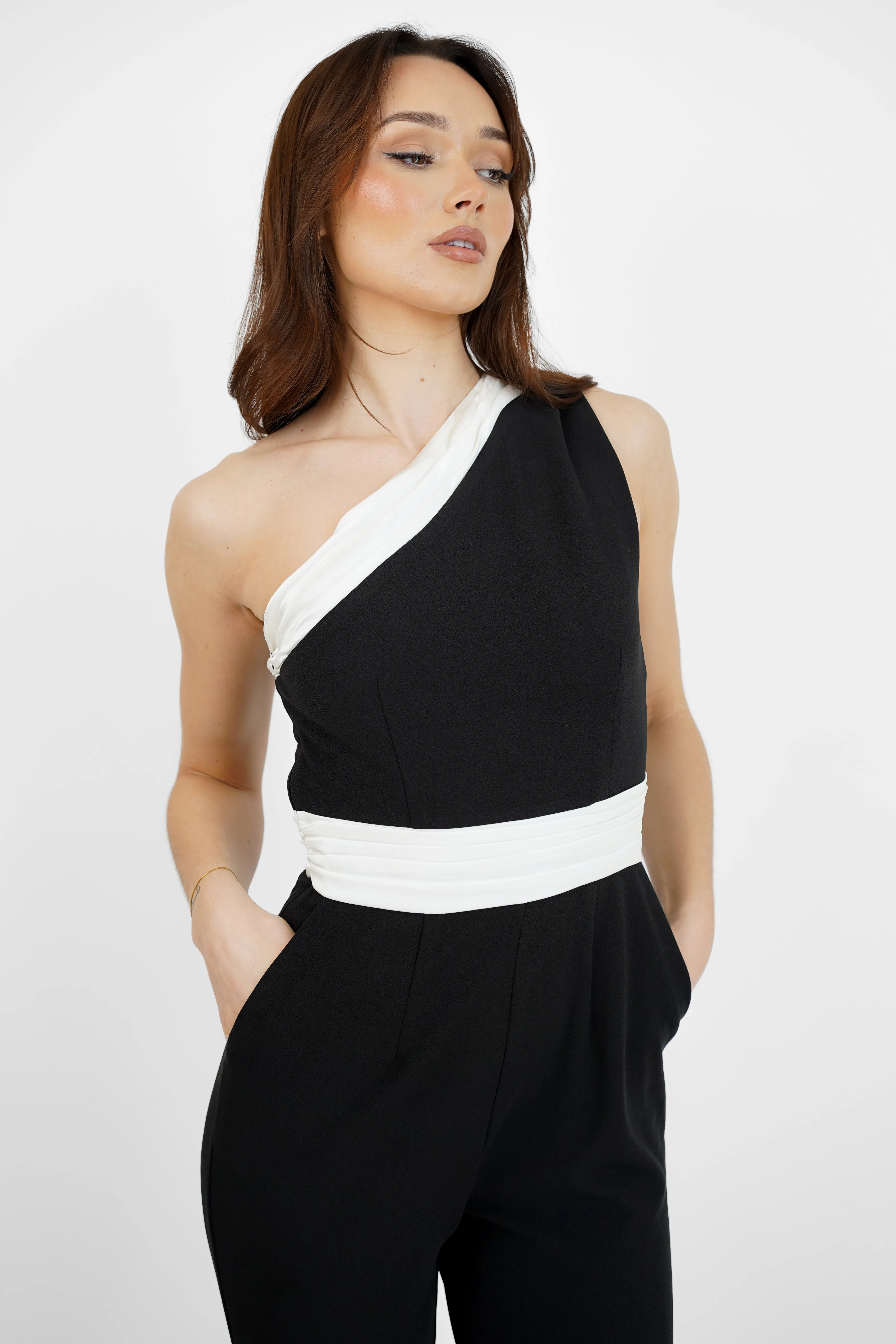 Black One Shoulder Jumpsuit with White Band