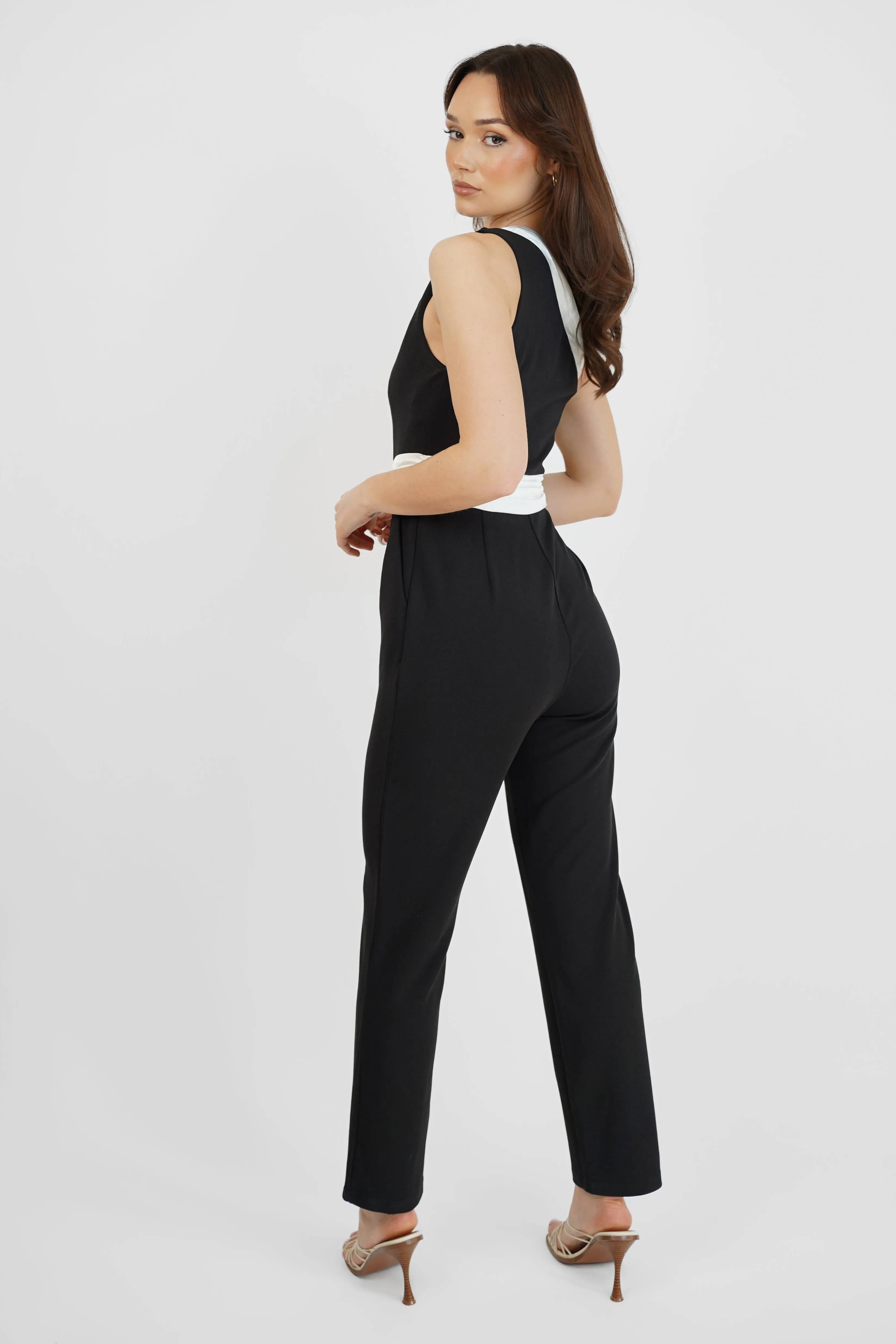 Black One Shoulder Jumpsuit with White Band