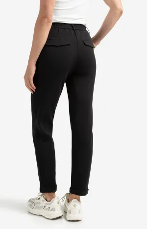 Black scuba trousers with straight legs and flap pockets