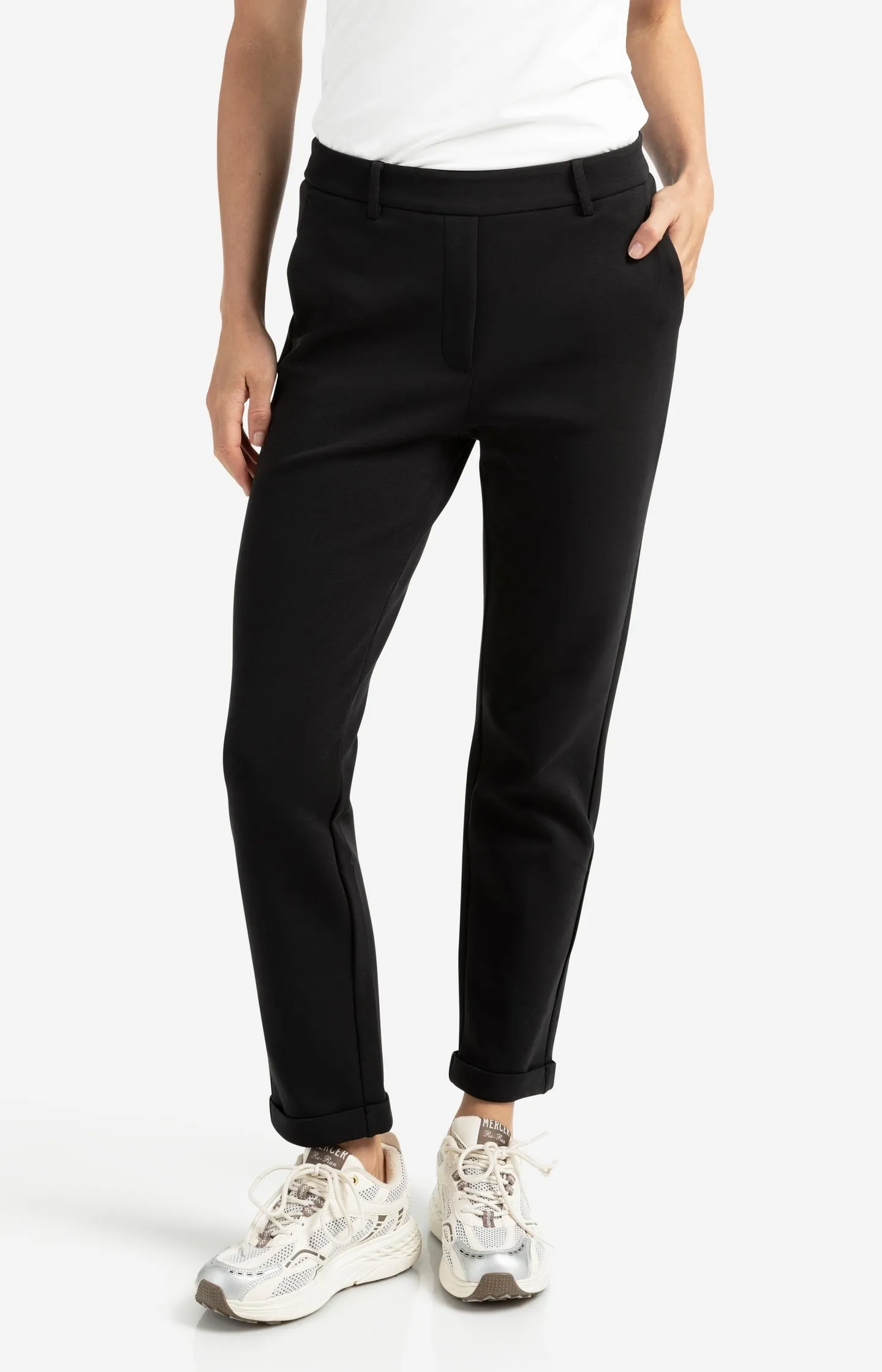 Black scuba trousers with straight legs and flap pockets