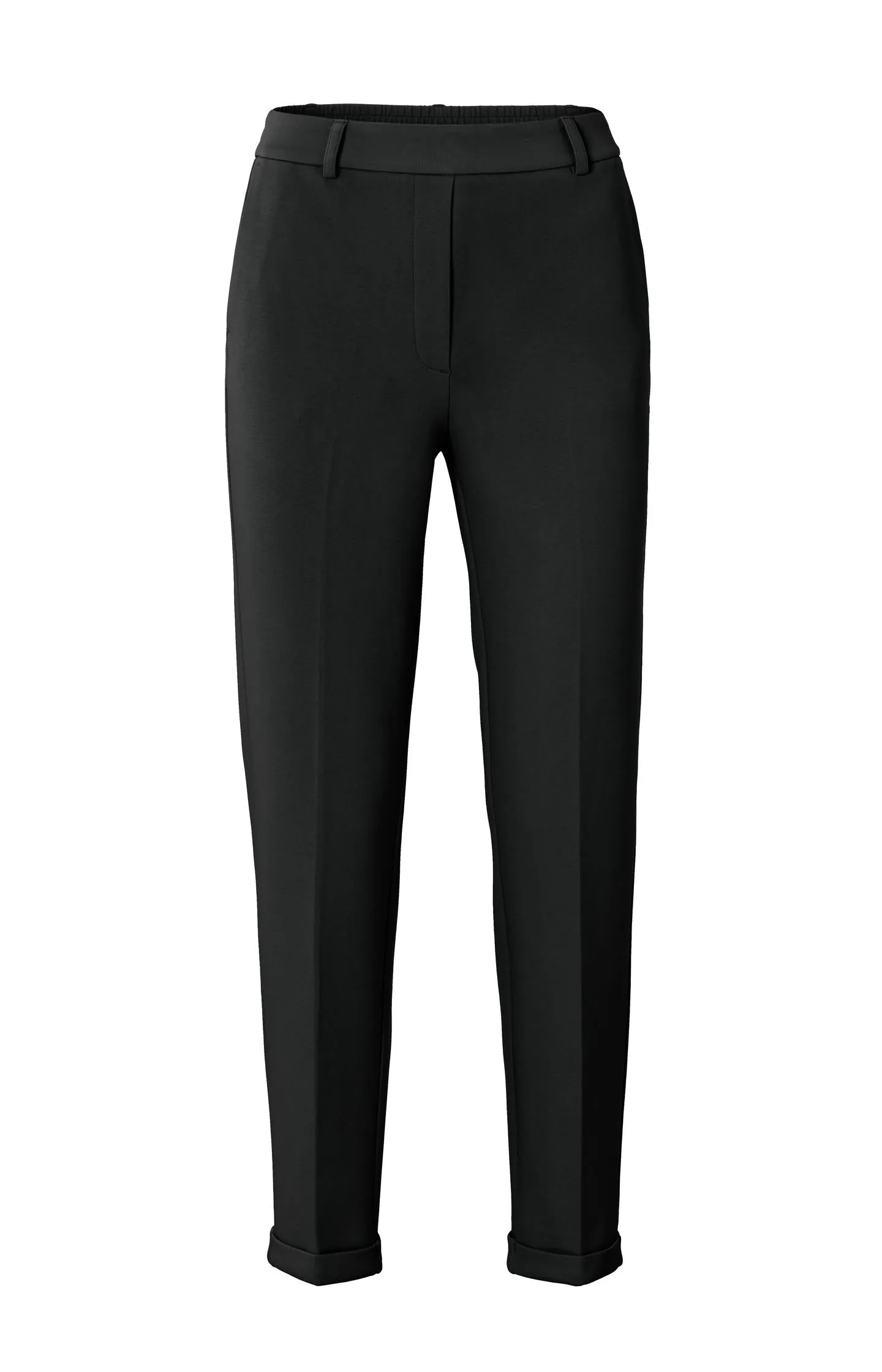 Black scuba trousers with straight legs and flap pockets