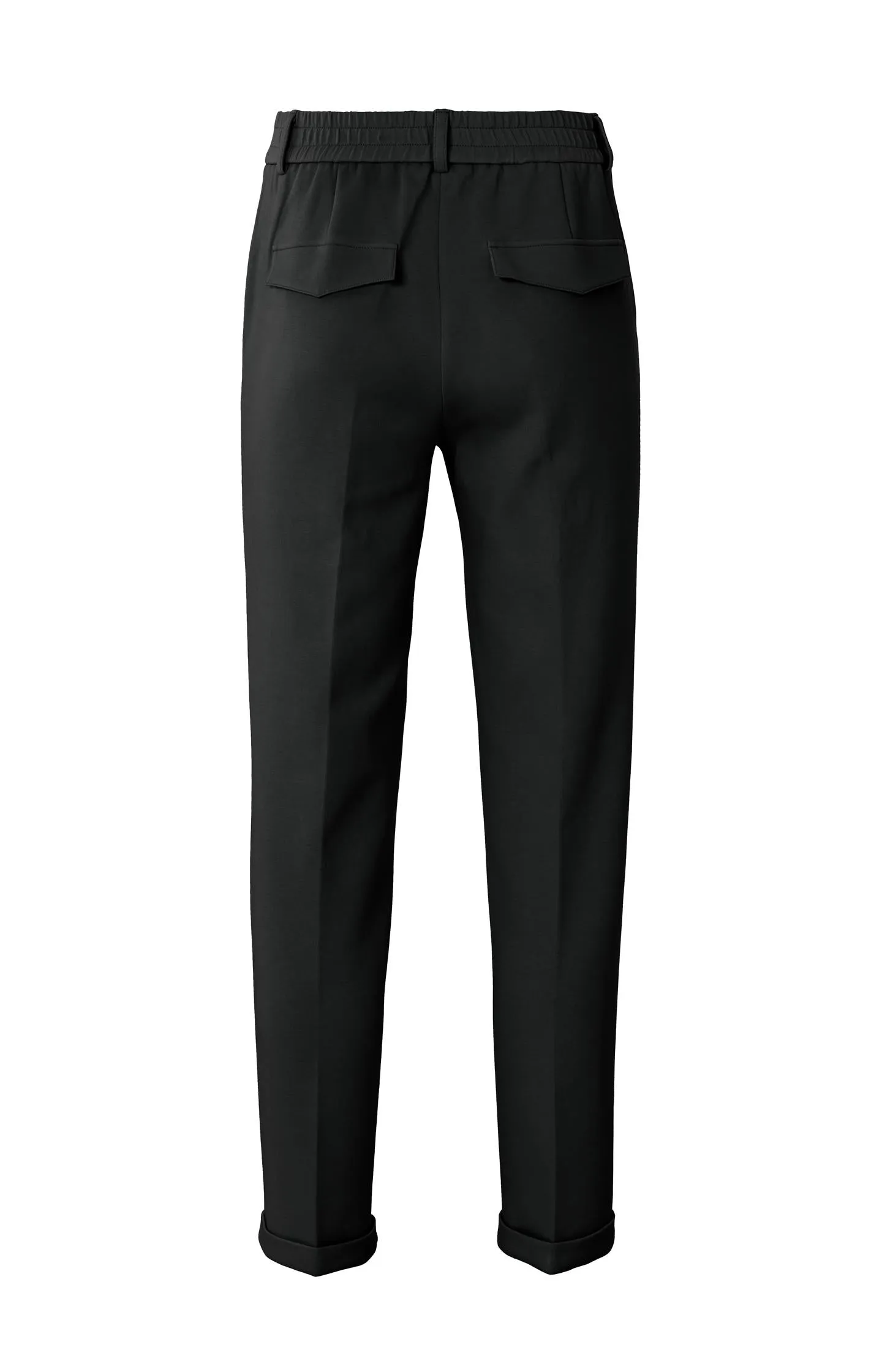 Black scuba trousers with straight legs and flap pockets
