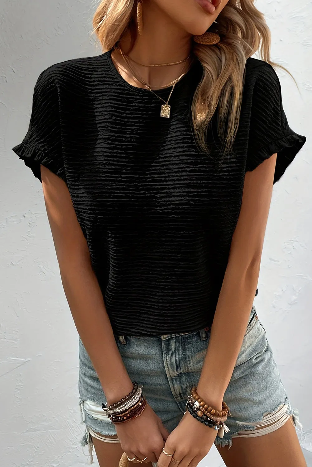 Black Solid Textured Ruffled Short Sleeve Blouse