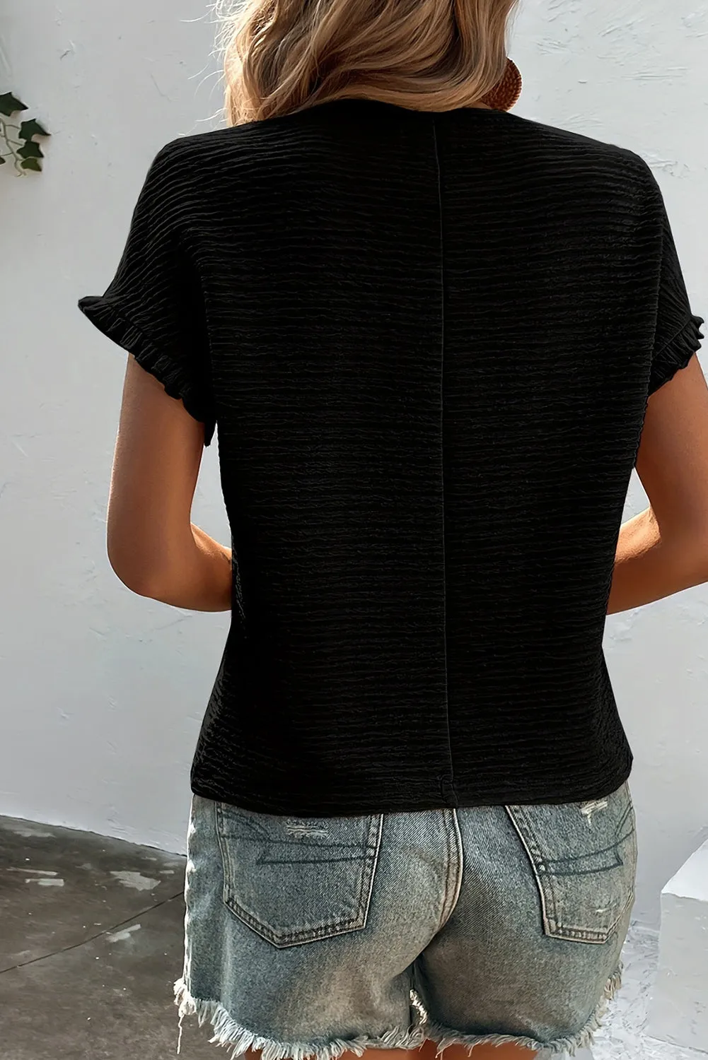 Black Solid Textured Ruffled Short Sleeve Blouse