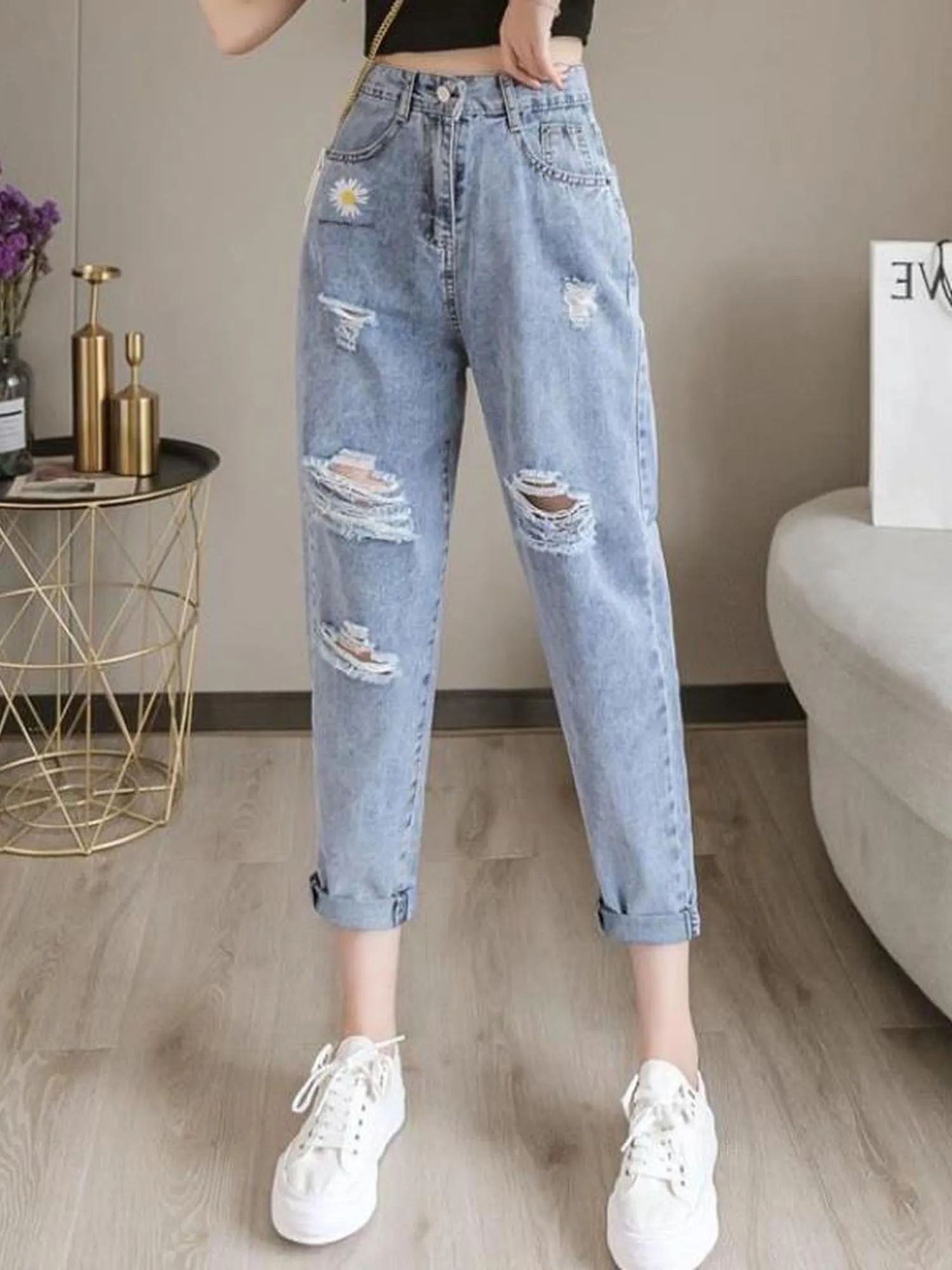 Blue Distressed Mom Denim