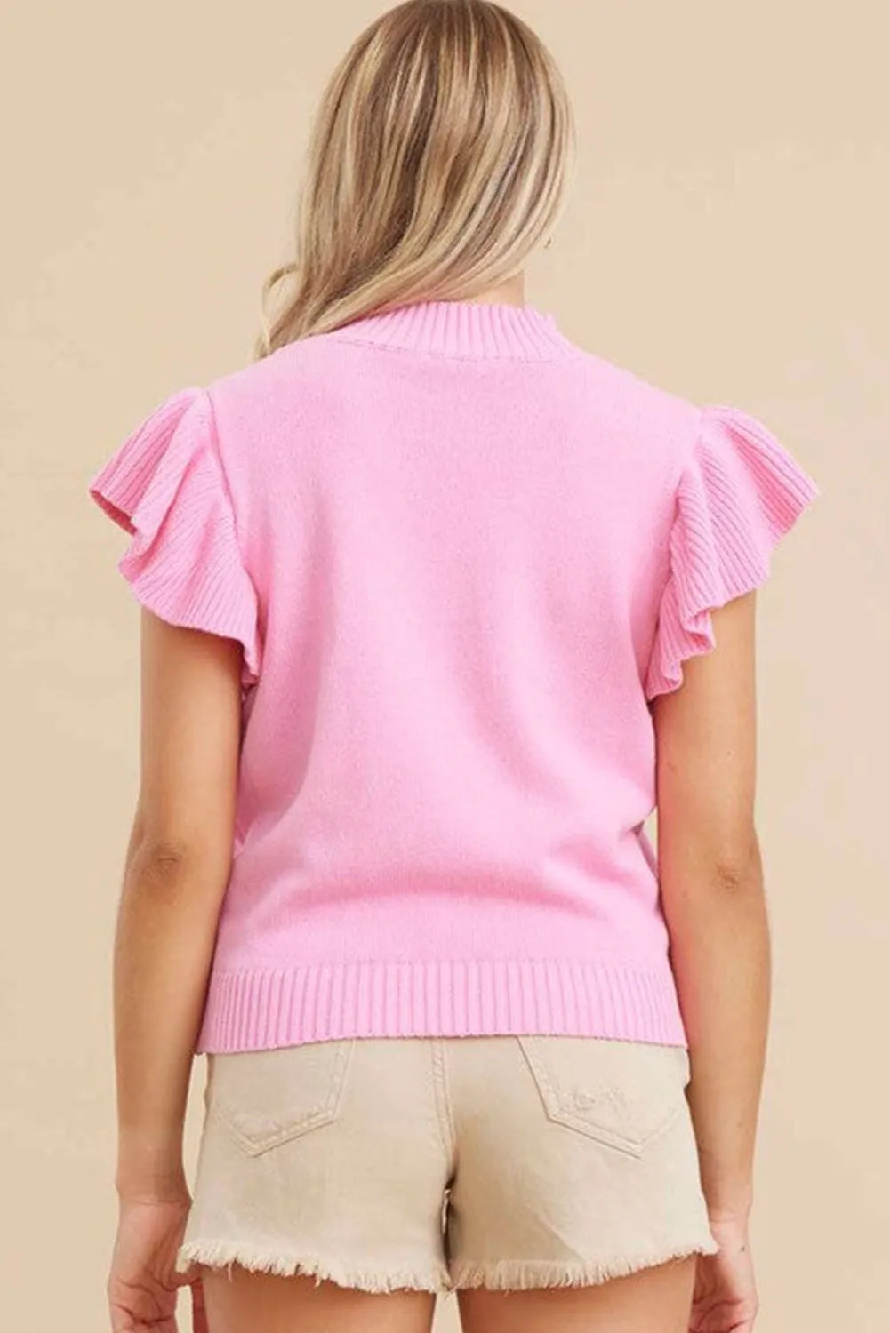 Bonbon Contrast Ribbed Mock Neck Ruffled Short Sleeve Sweater