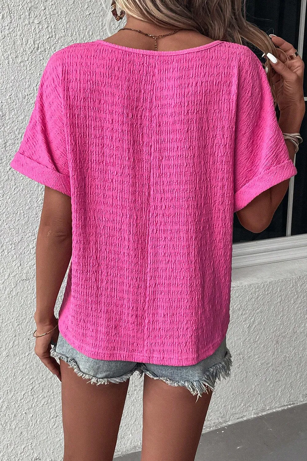 Bright Pink Textured Rolled Short Sleeve V Neck Blouse