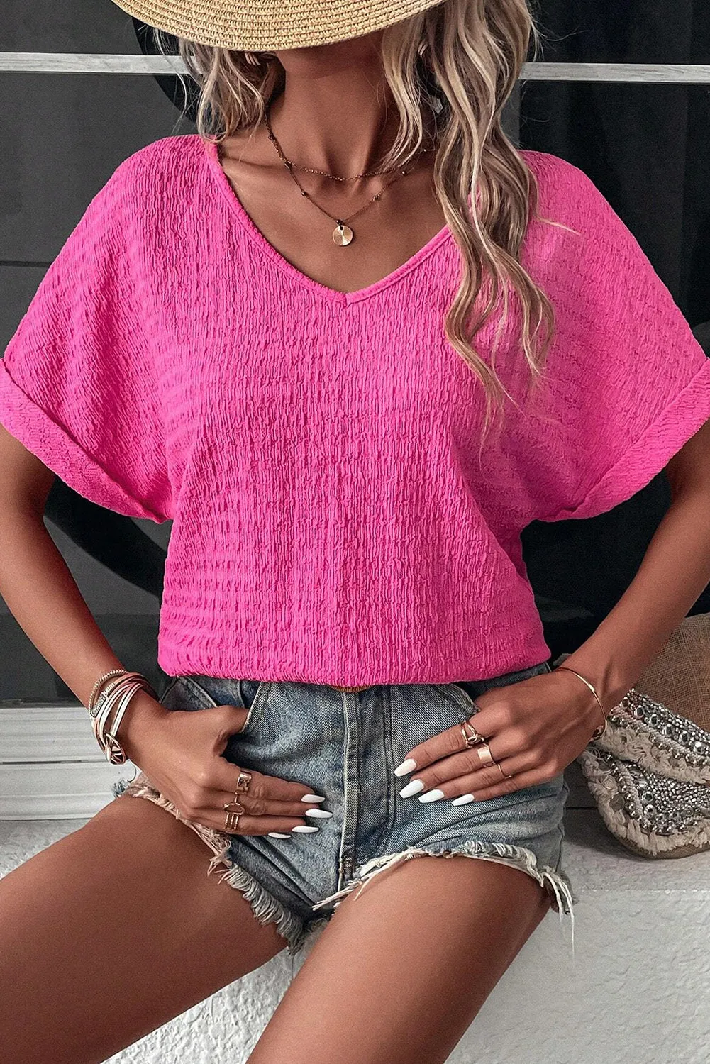 Bright Pink Textured Rolled Short Sleeve V Neck Blouse
