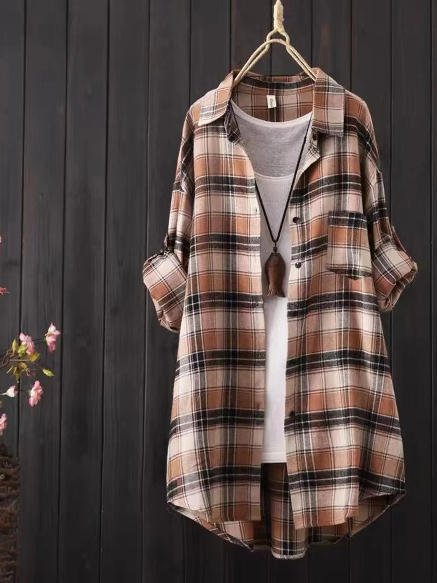 Brown Longline Checkered Shirt