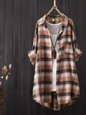 Brown Longline Checkered Shirt
