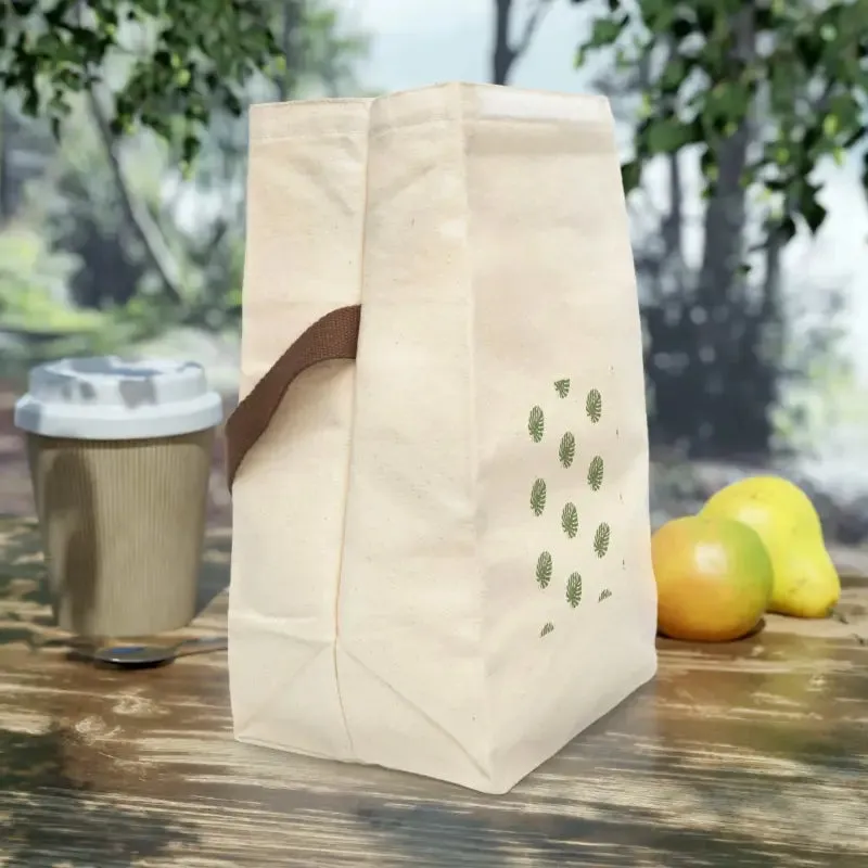 Chic Green Leaves Canvas Lunch Bag for Stylish Lunches