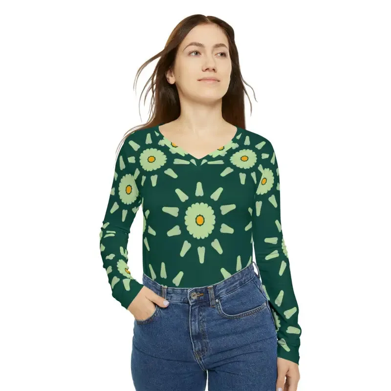 Chic Long Sleeve Women Tee in Light Green Pattern